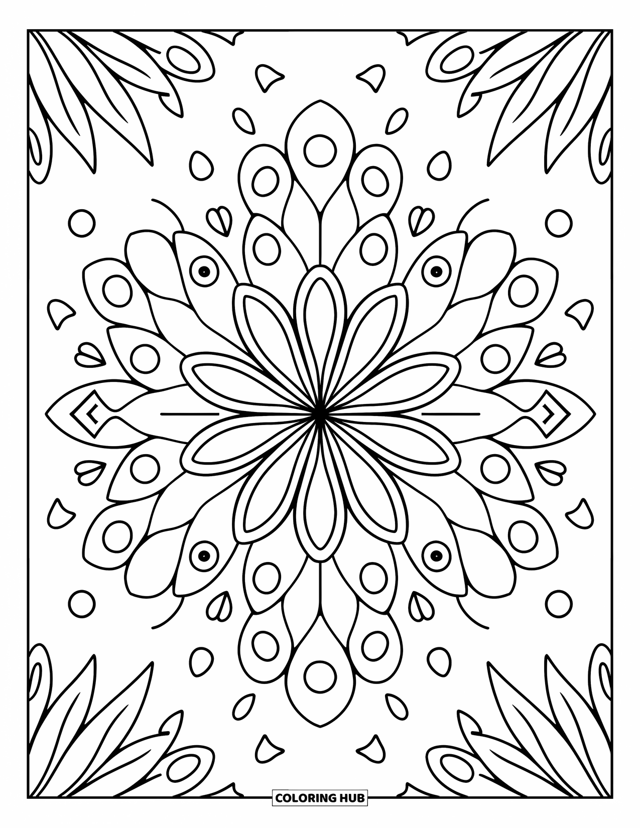 Desenho de Mandala de Flores para Colorir para Adultos: Pétalas de lótus florescem em equilíbrio com folhas em forma de lágrima e estrelas brilhantes