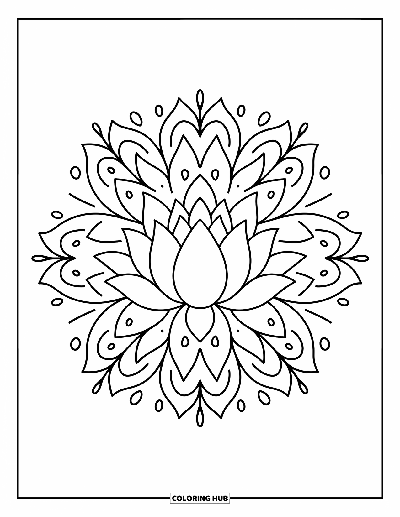 Desenho de Mandala de Flores para Colorir para Adultos: Pétalas de lótus florescem em perfeita simetria com gotas, estrelas e pequenas folhas