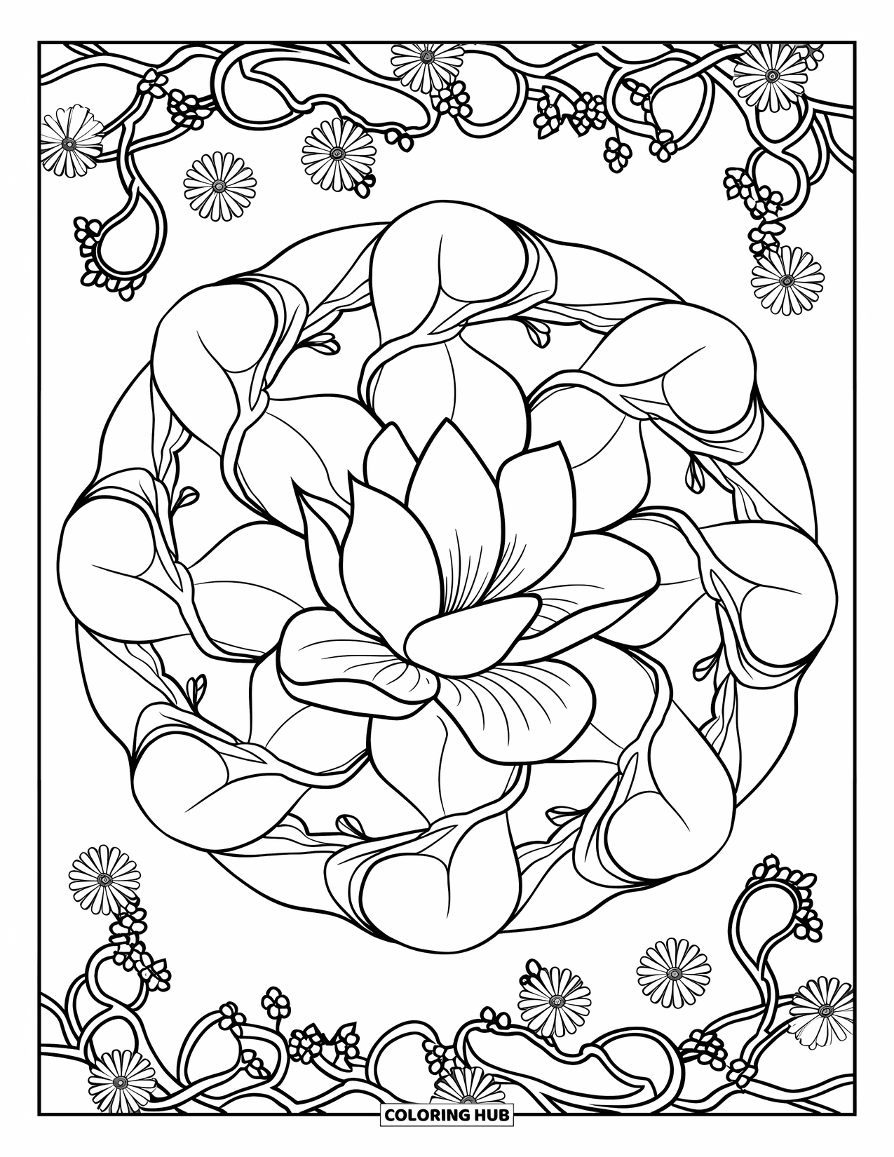 Desenho de mandala de flor para colorir para adultos: Flores de magnólia e vinhas circulam juntas em uma mandala floral calma