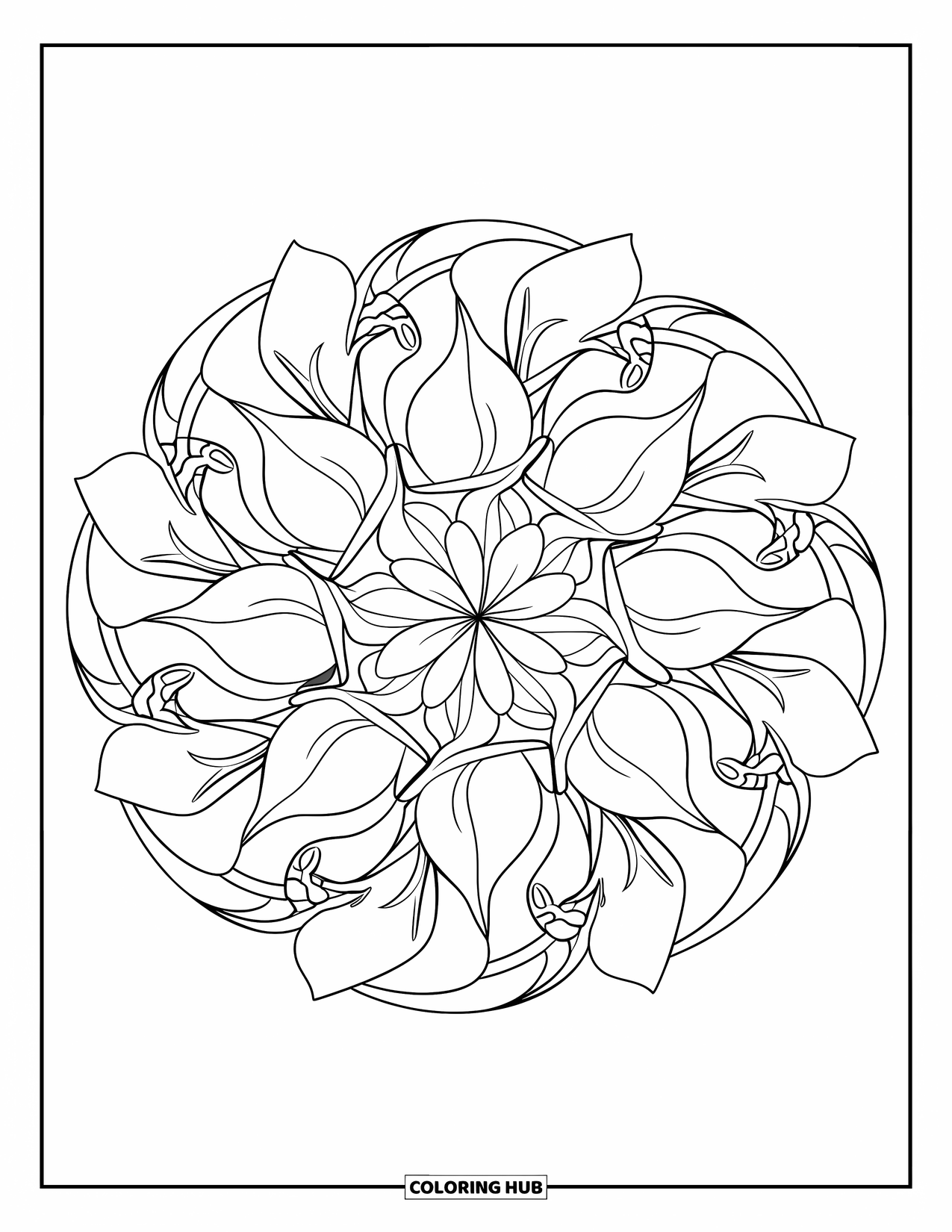 Desenho de mandala de flor para colorir para adultos: Pétalas de magnólia florescem em anéis com ramos entrelaçados no design