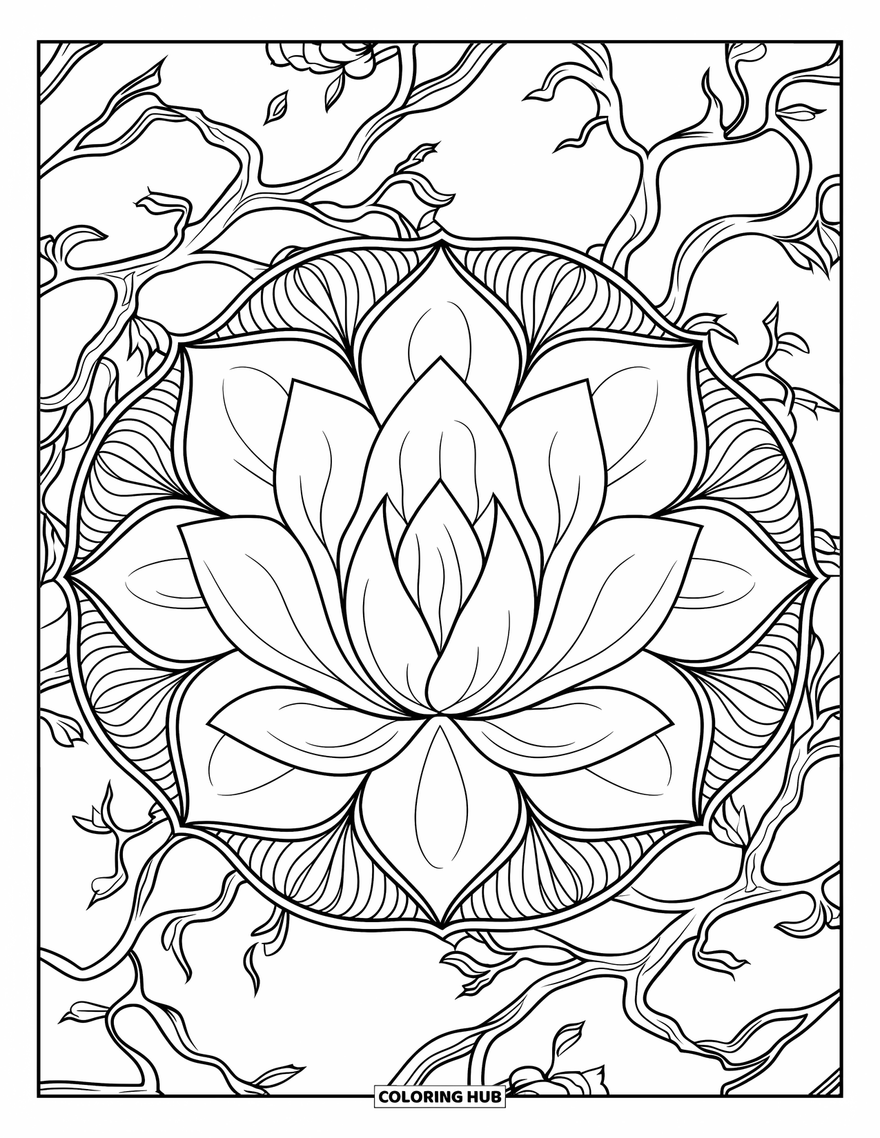 Desenho de mandala de flor para colorir para adultos: Pétalas e ramos de magnólia sobrepostos criam uma mandala ricamente detalhada