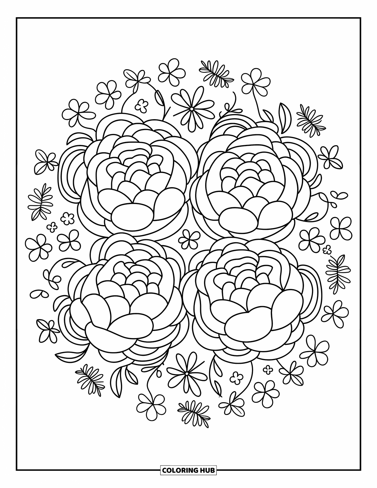Desenho de Mandala de Flores para Colorir para Adultos: Peônias giram suavemente em uma mandala com trevos, laços e detalhes de renda