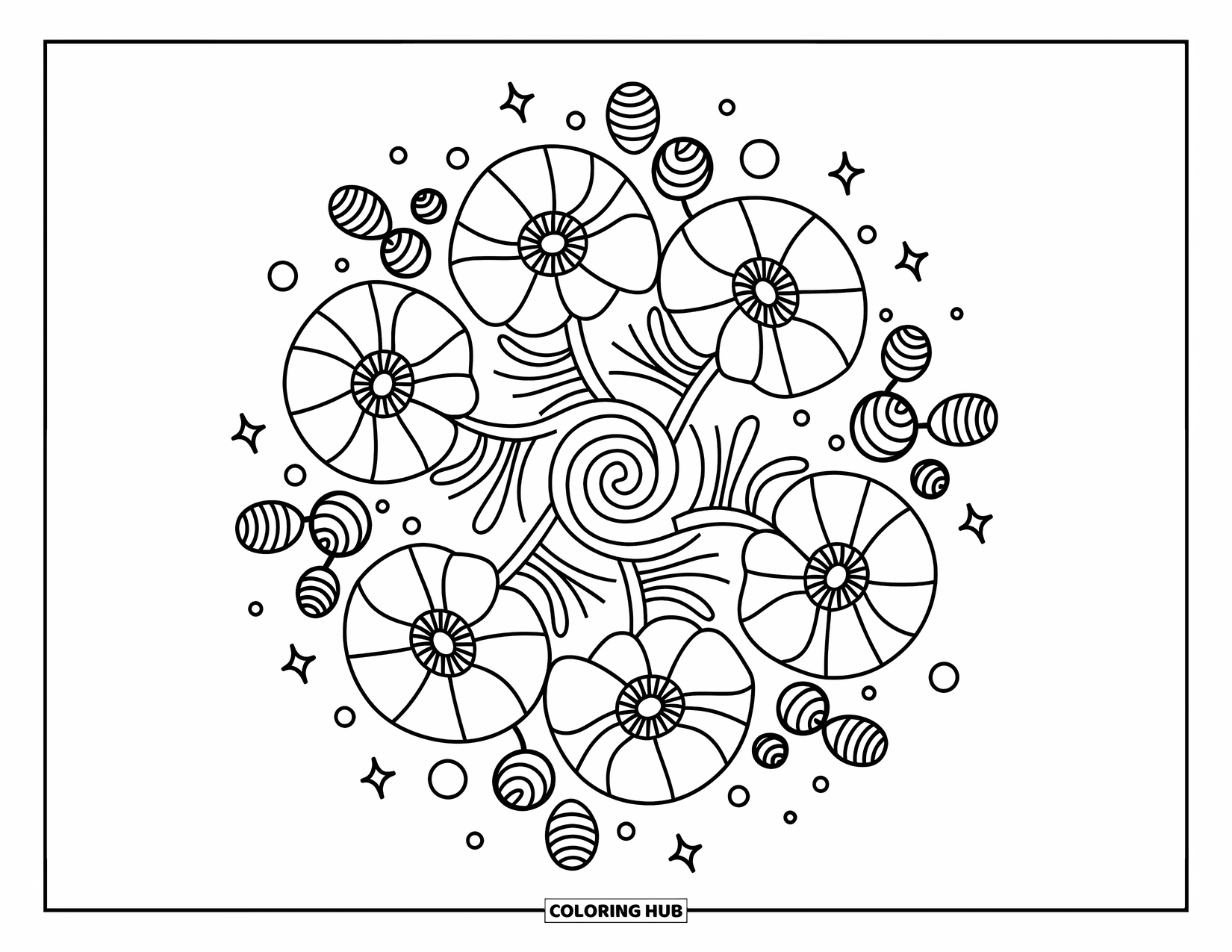 Desenho de Mandala de Flores para Colorir para Adultos: Pétalas de papoula ondulantes giram com cápsulas de sementes, estrelas e linhas espirais