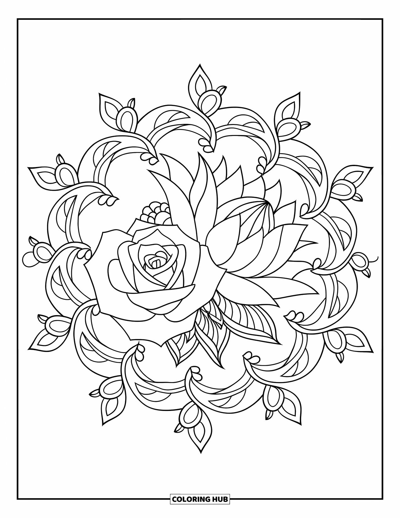 Desenho de mandala de flor para colorir para adultos: Rosas e flores de lótus se juntam com vinhas encaracoladas em um padrão de mandala suave