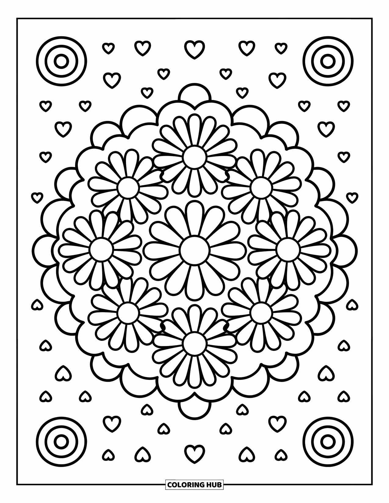 Desenho de Mandala de Flores para Colorir para Adultos: Pétalas redondas de margarida florescem com corações e espirais divertidas ao redor delas