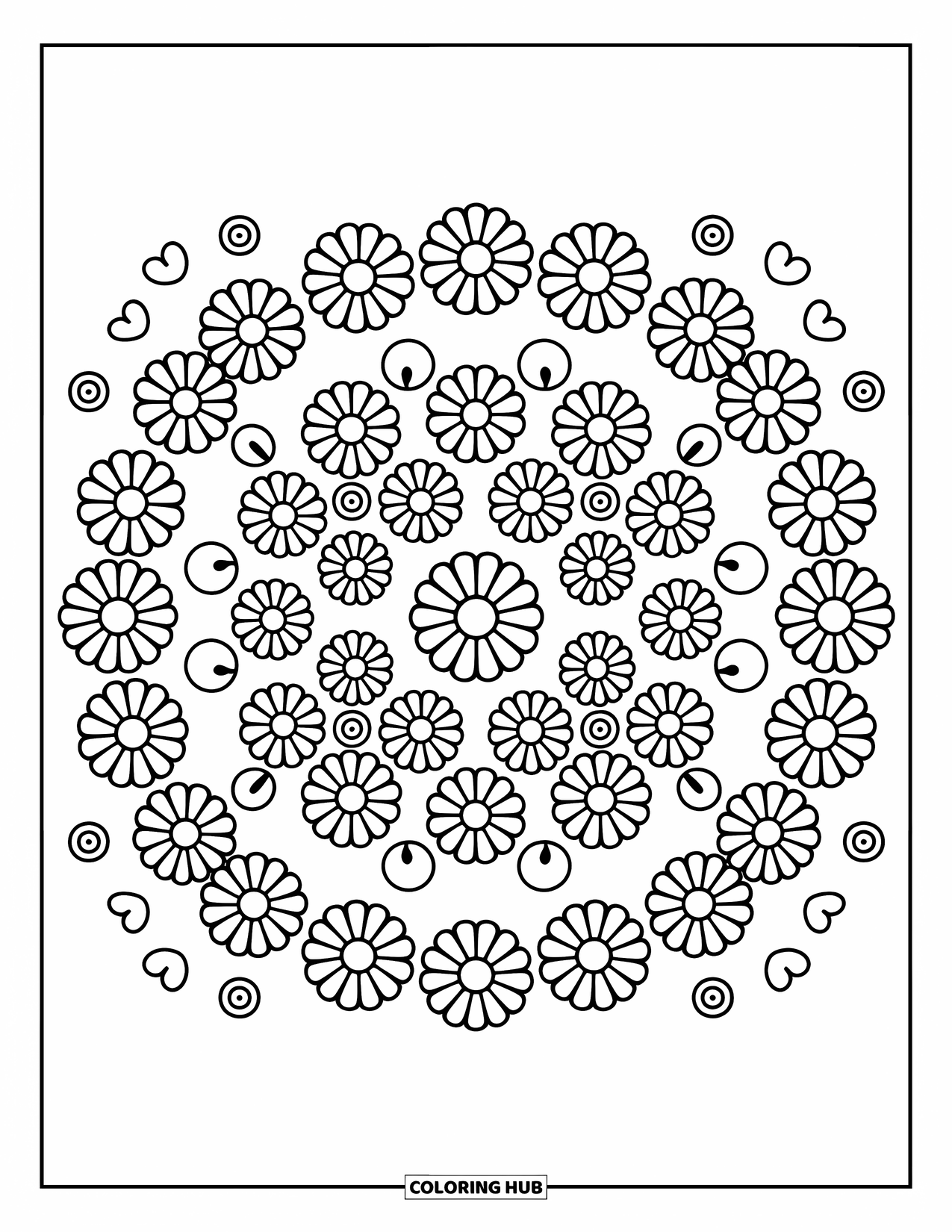 Desenho de Mandala de Flores para Colorir para Adultos: Fileiras de margaridas formam uma mandala alegre com corações, bolhas e espirais