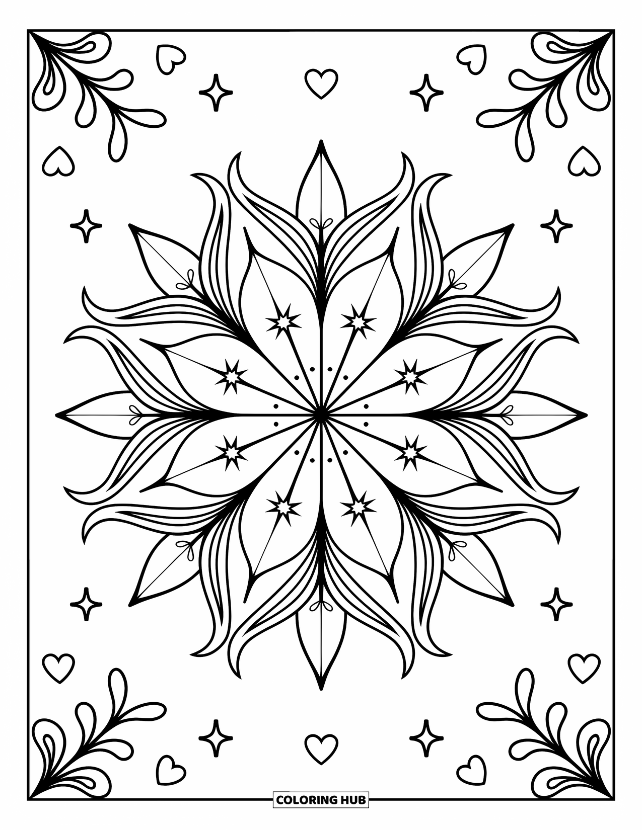 Desenho de Mandala de Flores para Colorir para Adultos: Lírios estrelados giram com brilhos cintilantes, corações e folhas suaves