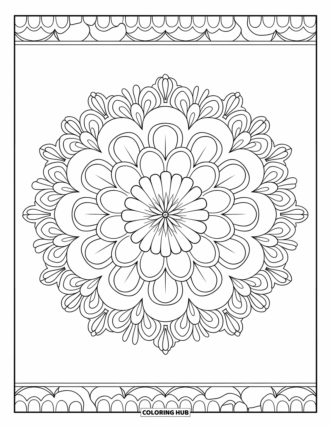 Desenho de mandala de flor para colorir para adultos: Pétalas simétricas de calêndula florescem com detalhes suaves em um estilo de mandala limpo