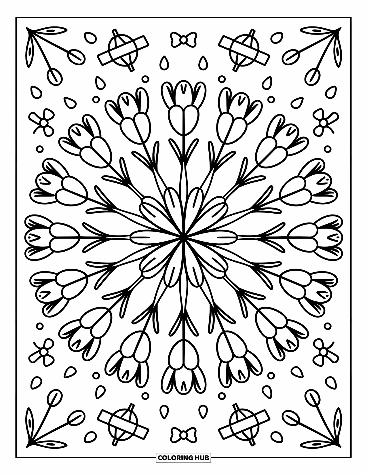 Desenho de Mandala de Flores para Colorir para Adultos: Flores de tulipa formam uma mandala suave com laços, folhas e pequenas gotas de chuva