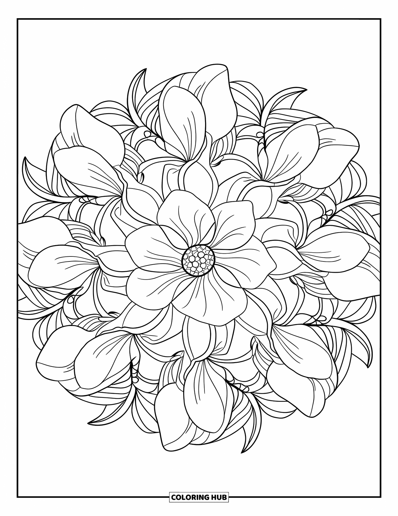Desenho de mandala de flor para colorir para adultos: Pétalas largas de magnólia e ramos retorcidos formam uma mandala pacífica e intrincada