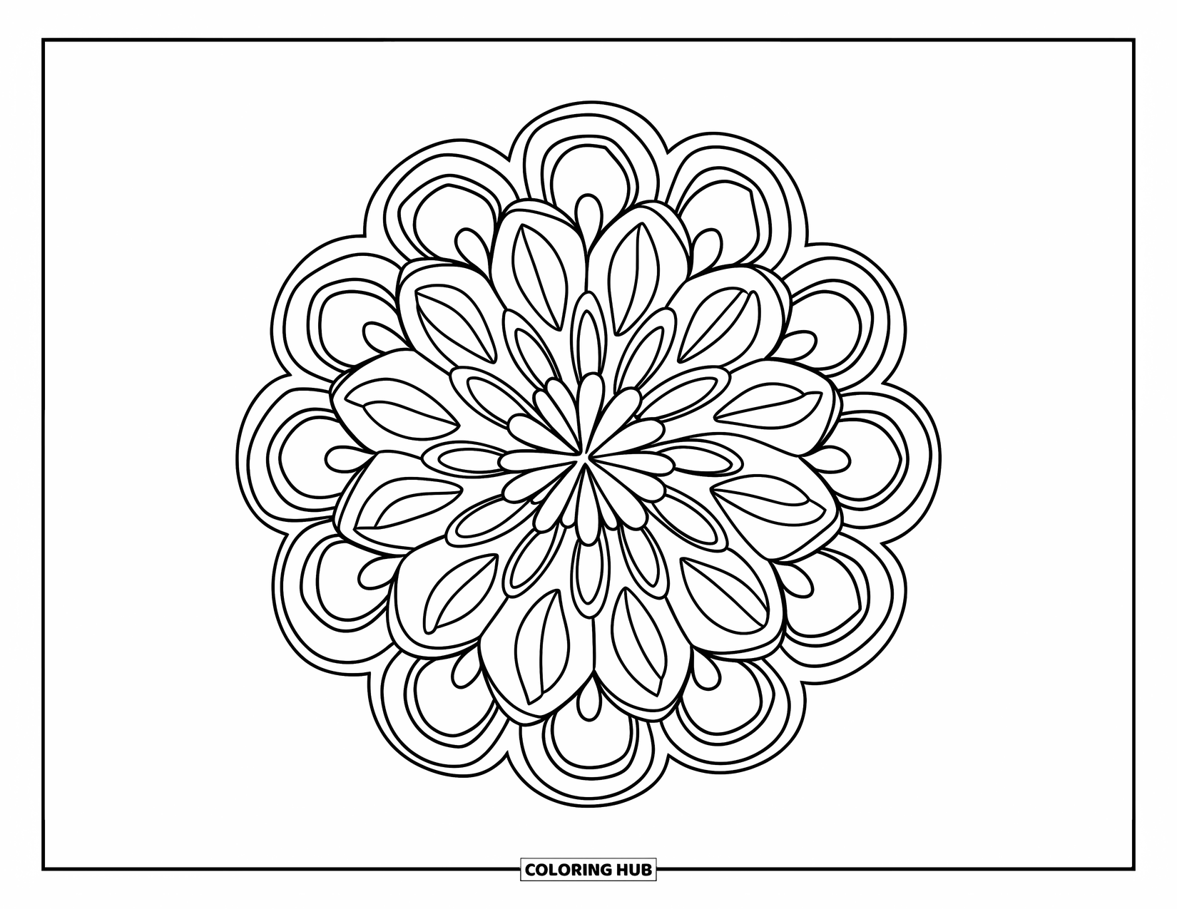 Desenho de Mandala de Flores para Colorir para Crianças: Uma mandala de flor marcante com pétalas em camadas dispostas como uma explosão florescente
