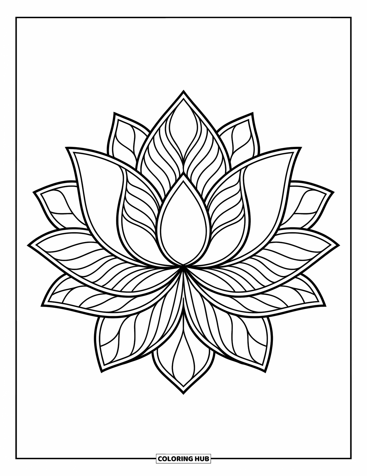 Desenho de Mandala de Flores para Colorir para Crianças: Uma mandala de lótus marcante com pétalas em camadas e um estilo brilhante e adequado para crianças