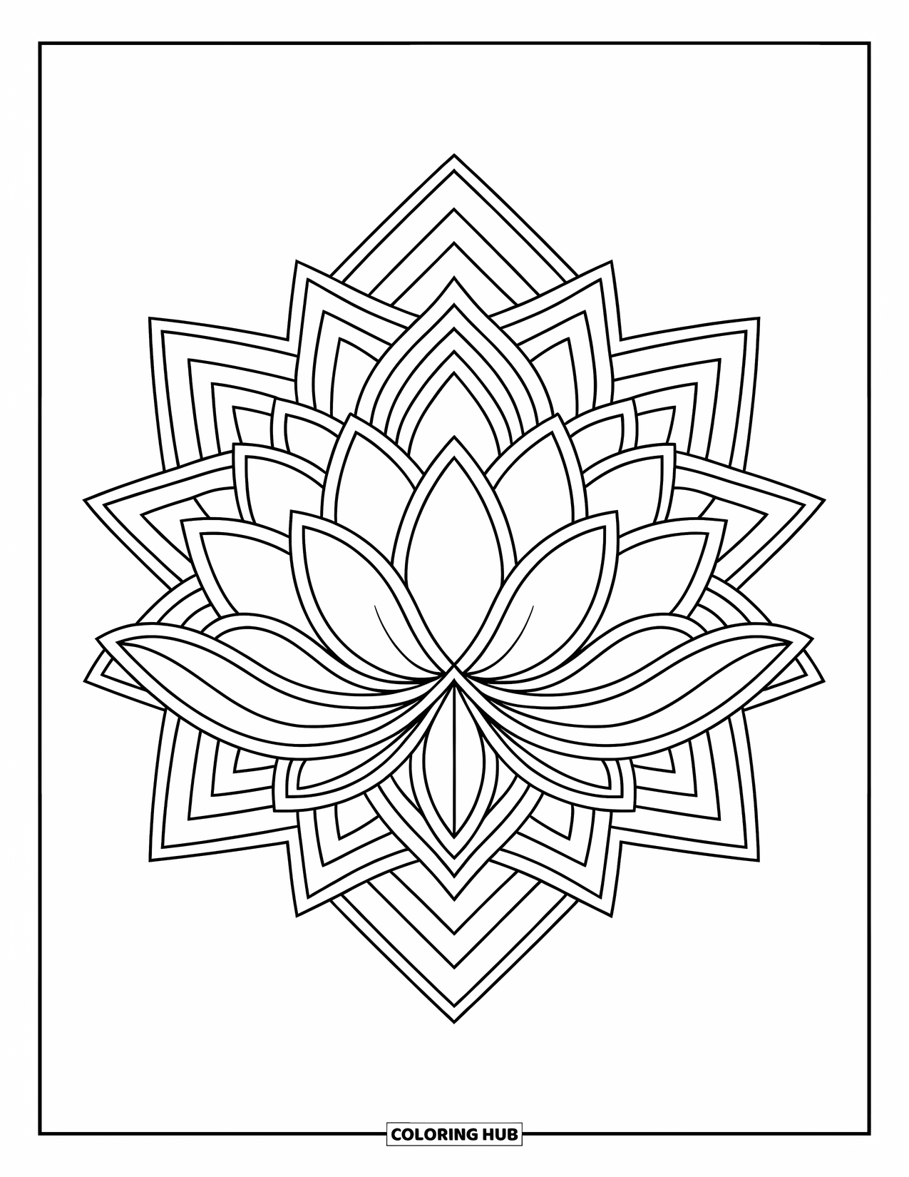 Desenho de Mandala de Flores para Colorir para Crianças: Uma mandala de lótus centralizada com formas de diamante ao redor em linhas marcantes