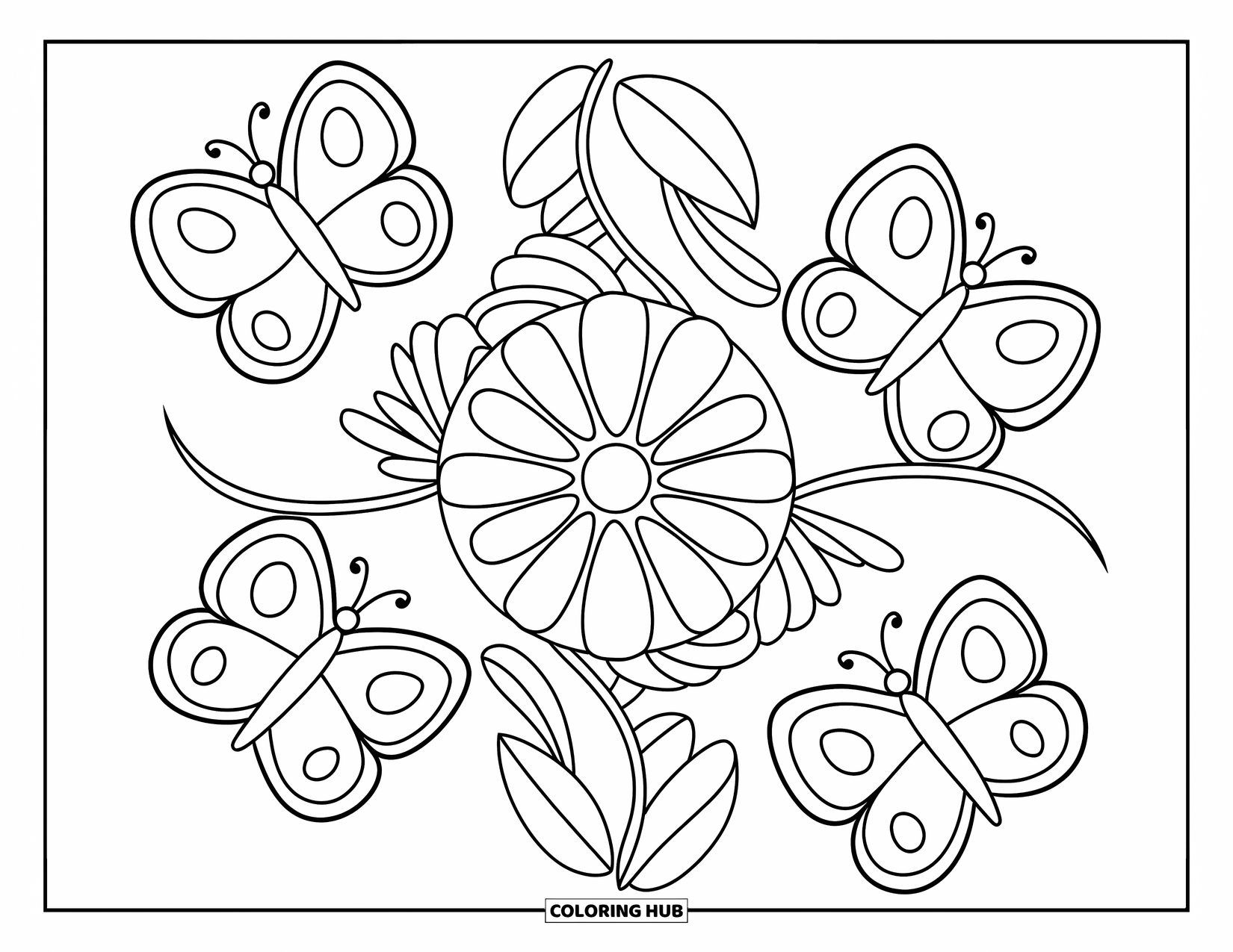 Desenho de Mandala de Flores para Colorir para Crianças: Uma mandala alegre com grandes borboletas e seções grandes e fáceis de colorir
