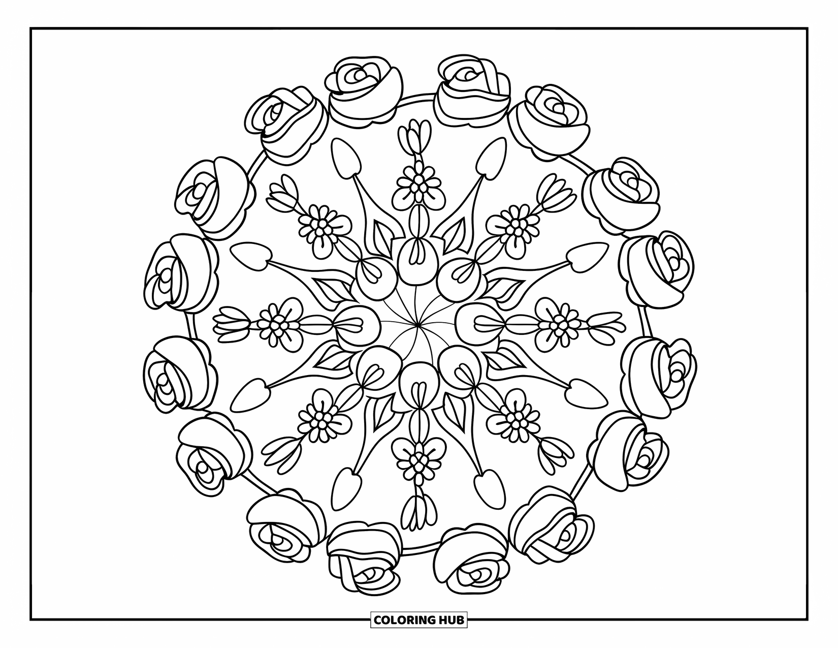 Desenho de Mandala de Flores para Colorir para Crianças: Uma mandala floral feita de rosas, tulipas e pequenas flores em anéis suaves