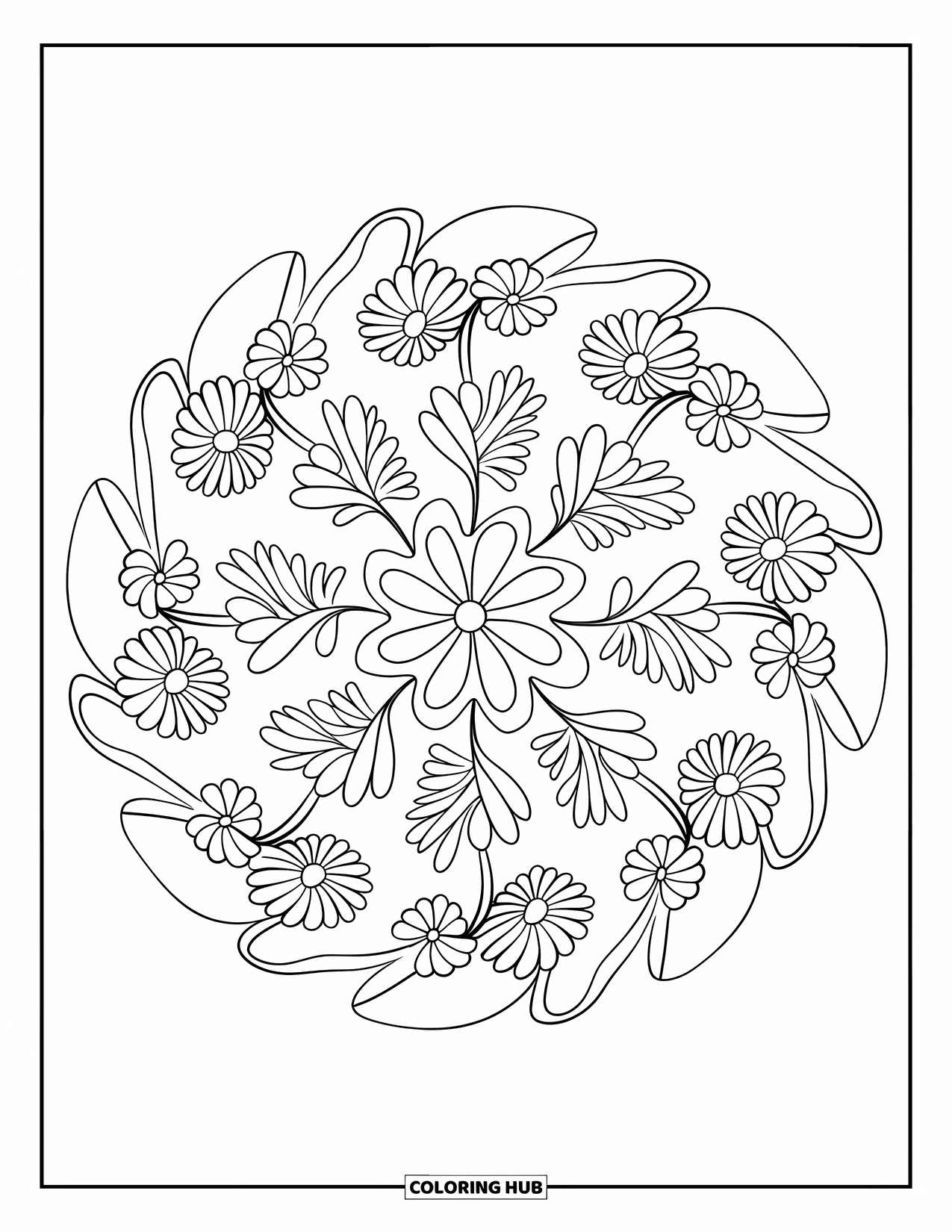 Desenho de Mandala de Flores para Colorir para Crianças: Uma mandala floral com flores silvestres marcantes e formas de folhas fluidas em um círculo