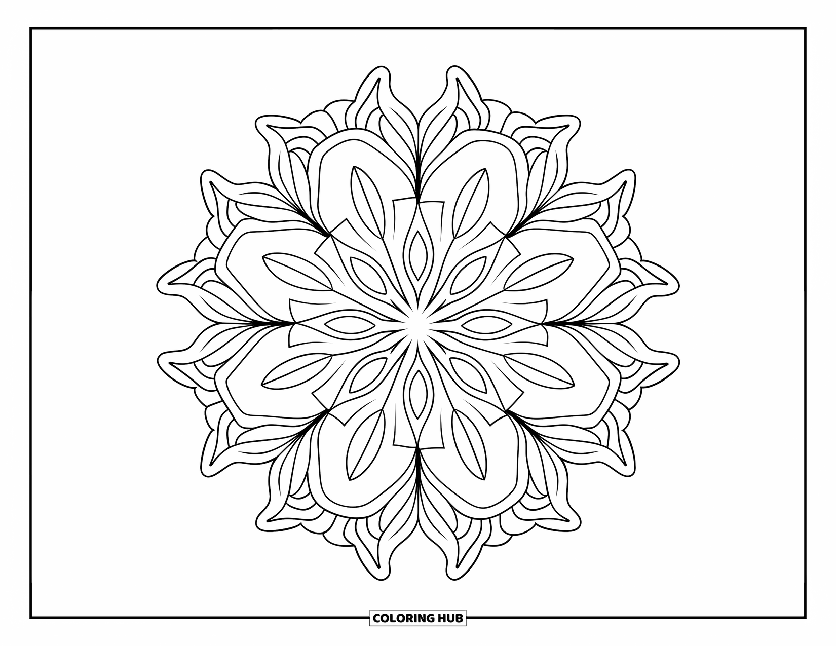 Desenho de Mandala de Flores para Colorir para Crianças: Uma mandala de flor com arcos de pétalas e detalhes folhosos em um estilo marcante e limpo