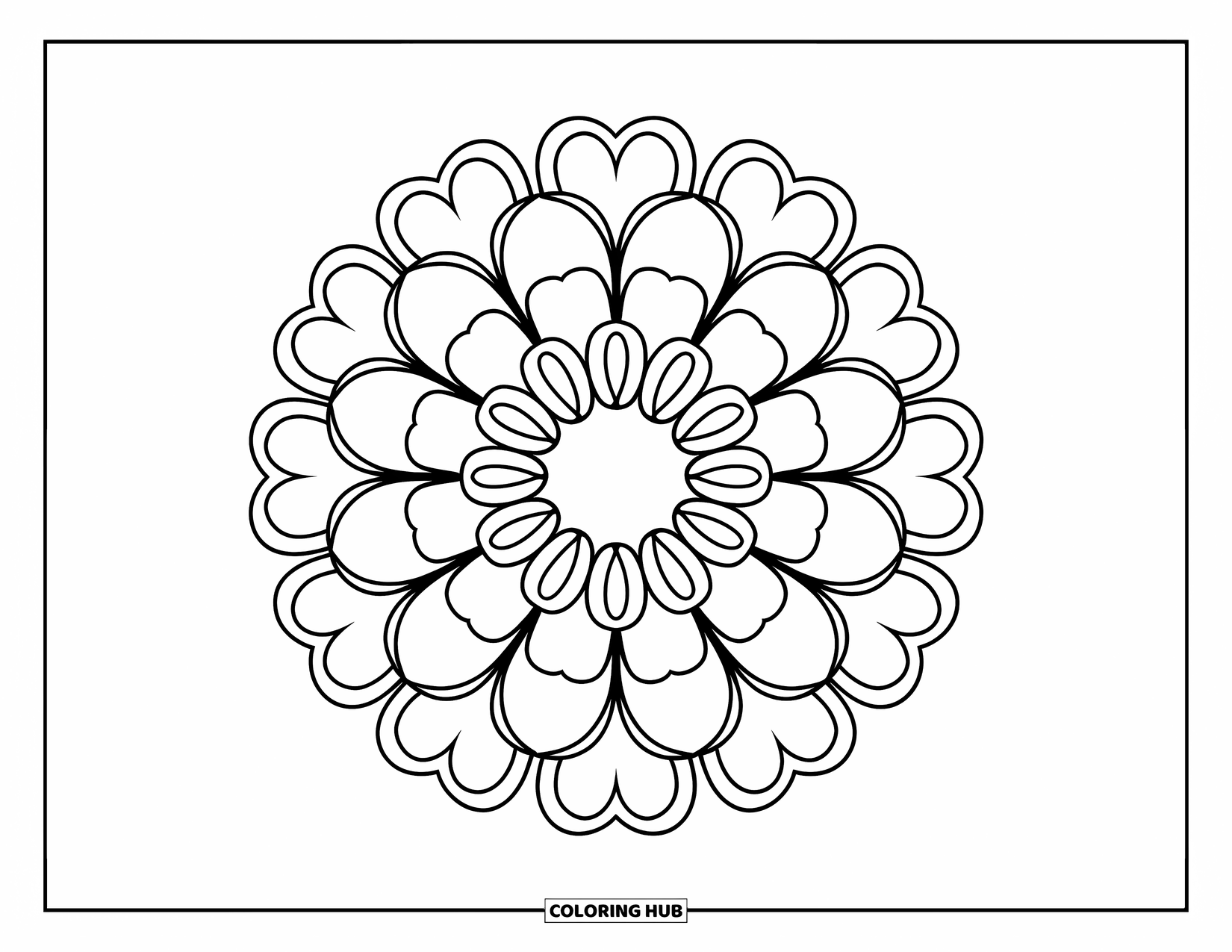 Desenho de Mandala de Flores para Colorir para Crianças: Uma mandala de pétalas de coração dispostas em um anel com linhas marcantes e simples