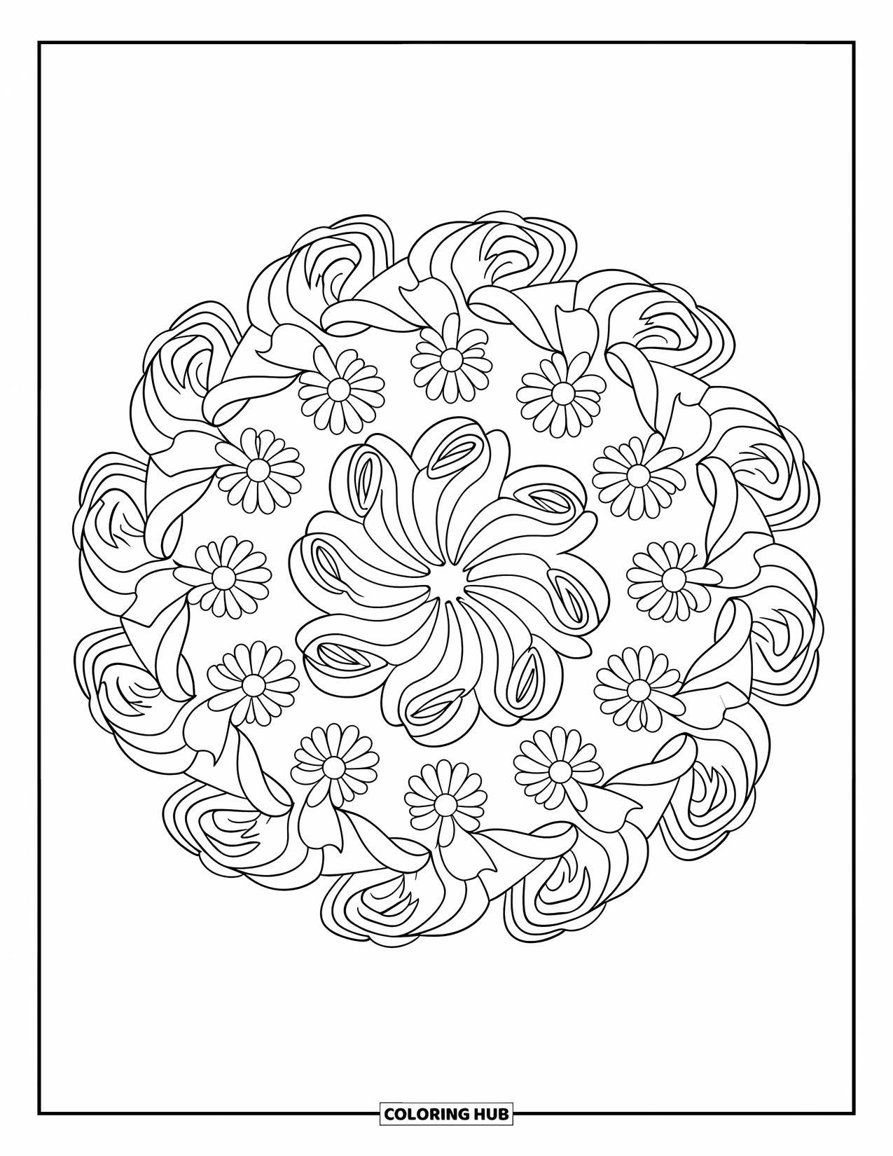 Desenho de Mandala de Flores para Colorir para Crianças: Uma mandala para crianças com rosas, margaridas e detalhes florais em espiral
