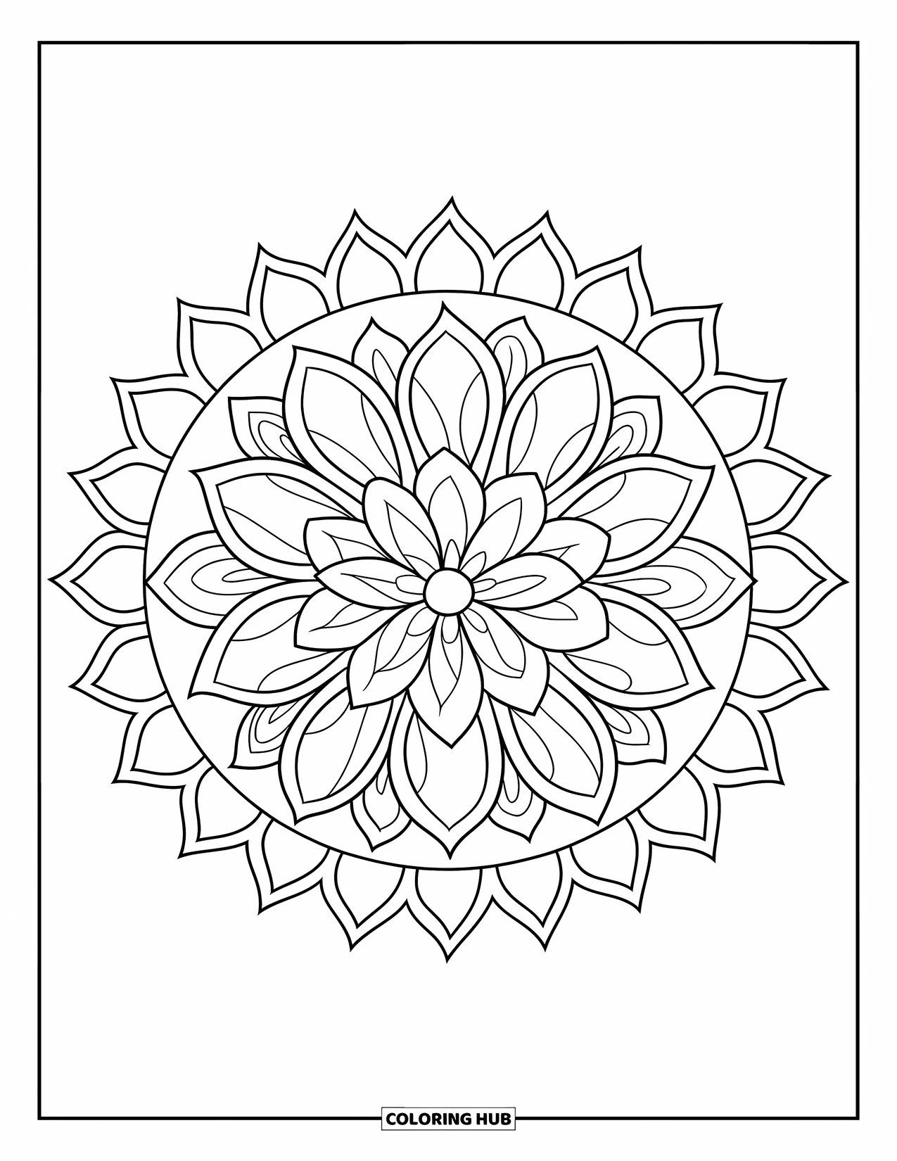 Desenho de Mandala de Flores para Colorir para Crianças: Uma mandala de lótus em camadas com detalhes de folhas e padrões adequados para crianças