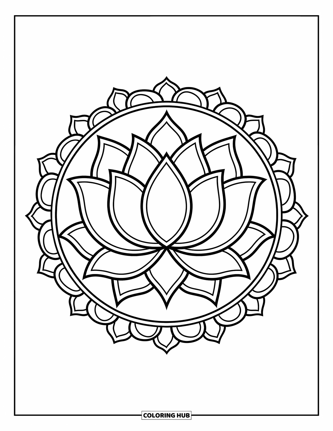 Desenho de Mandala de Flores para Colorir para Crianças: Uma mandala de lótus em um estilo marcante e limpo com camadas de pétalas e bordas folhosas