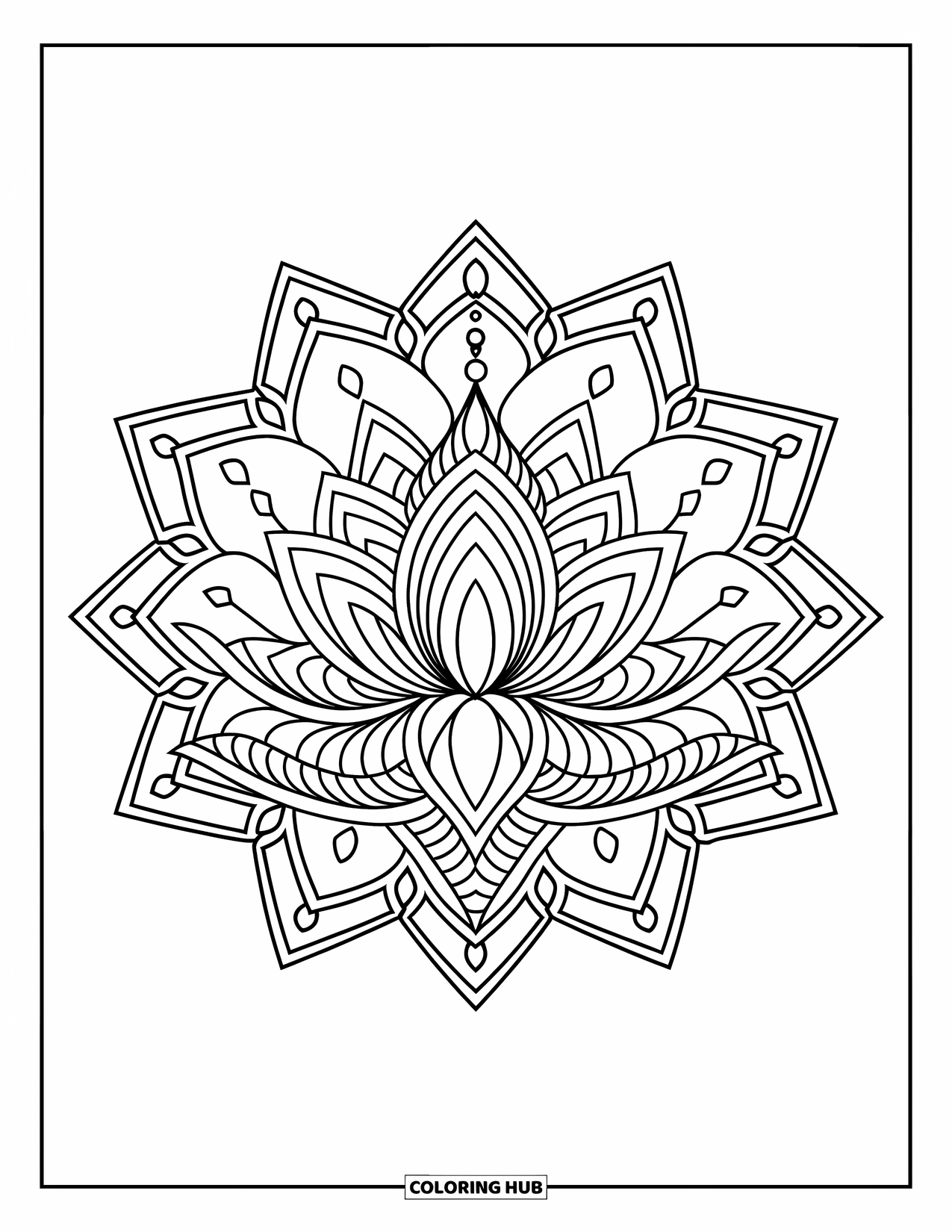 Desenho de Mandala de Flores para Colorir para Crianças: Uma mandala de lótus encontra formas de diamante em uma mistura de estilo floral e geométrico