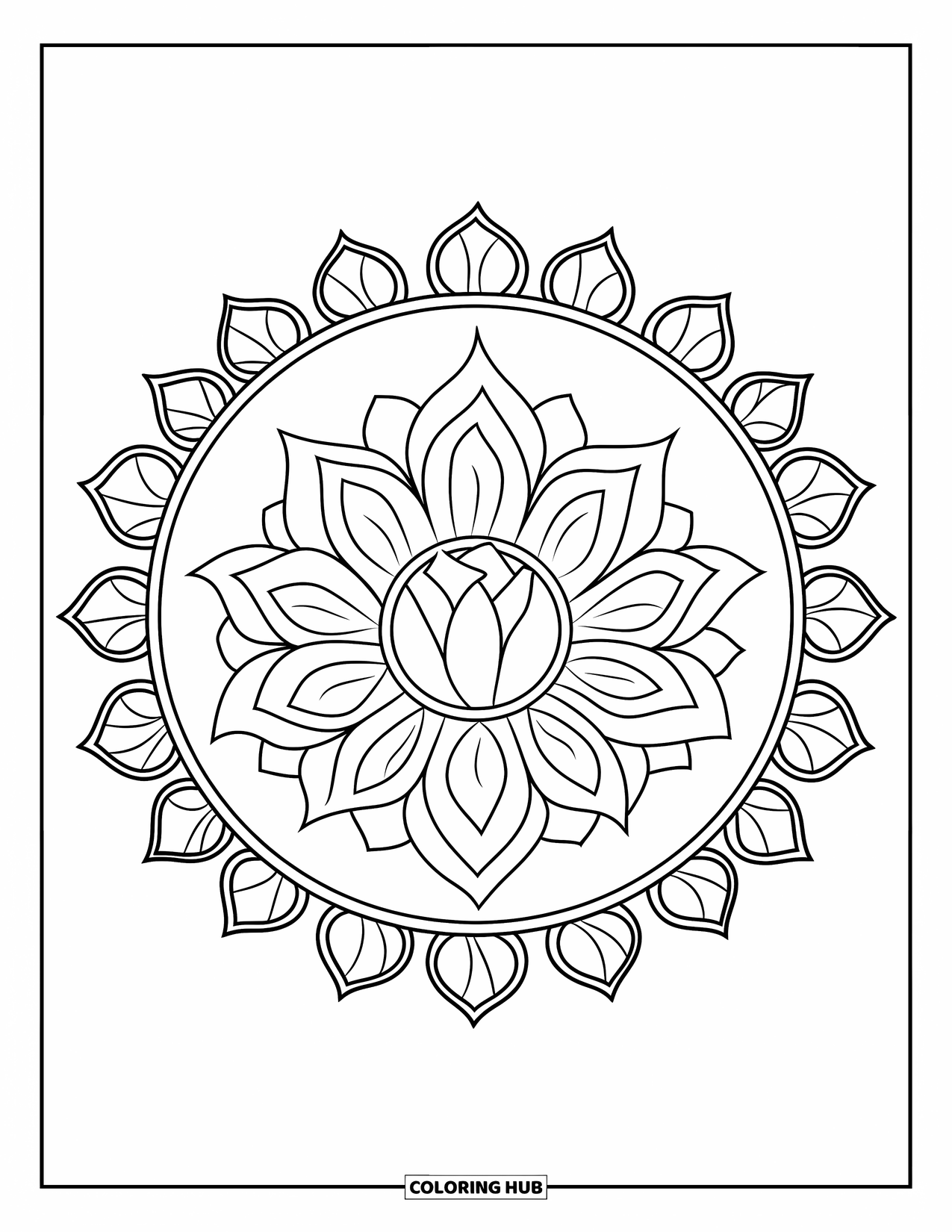 Desenho de Mandala de Flores para Colorir para Crianças: Uma mandala de lótus com pétalas em camadas e bordas folhosas em um círculo marcante