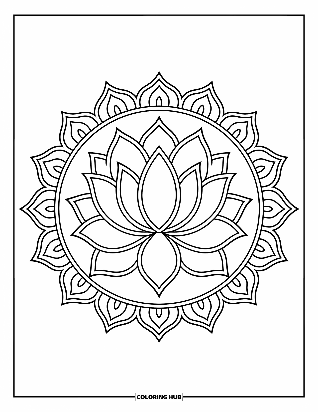 Desenho de Mandala de Flores para Colorir para Crianças: Um lótus se encontra no centro de uma mandala folhosa com formas limpas e delineadas