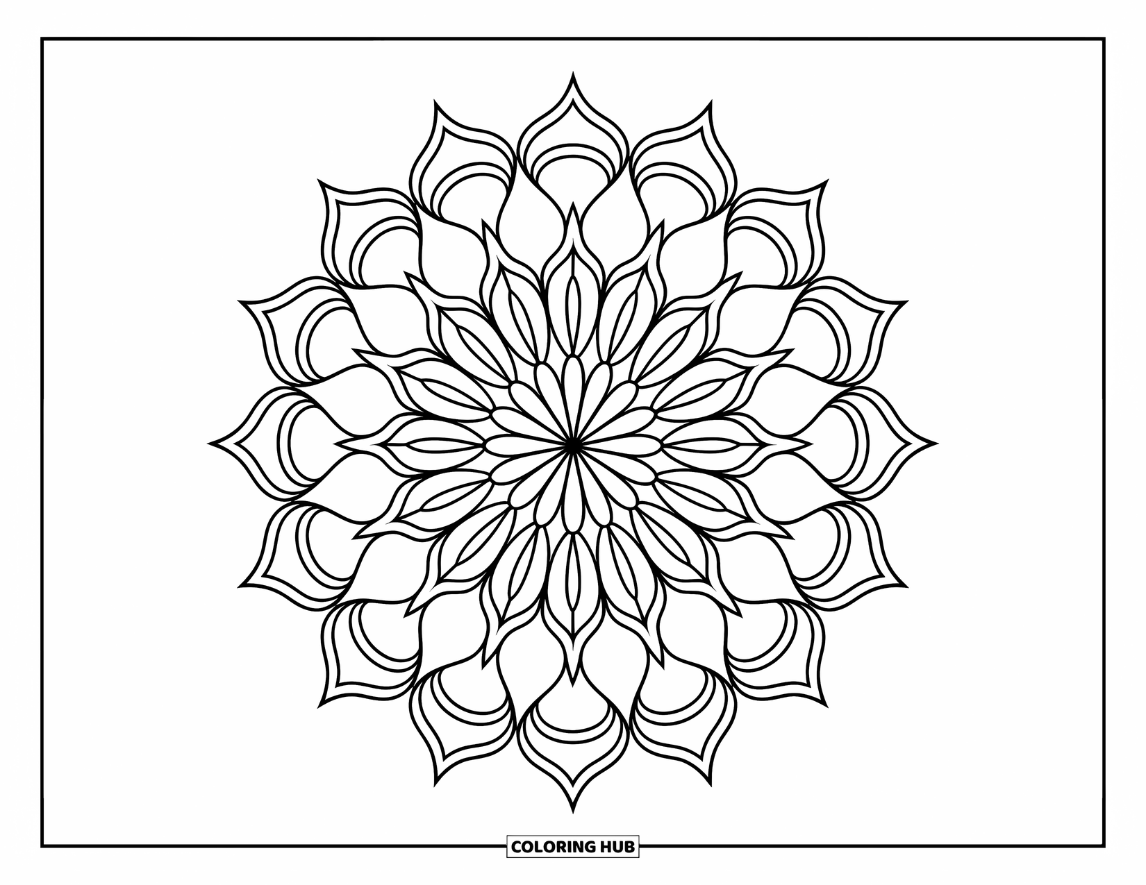Desenho de Mandala de Flores para Colorir para Crianças: Uma mandala com diferentes camadas de pétalas formando um design circular envolvente