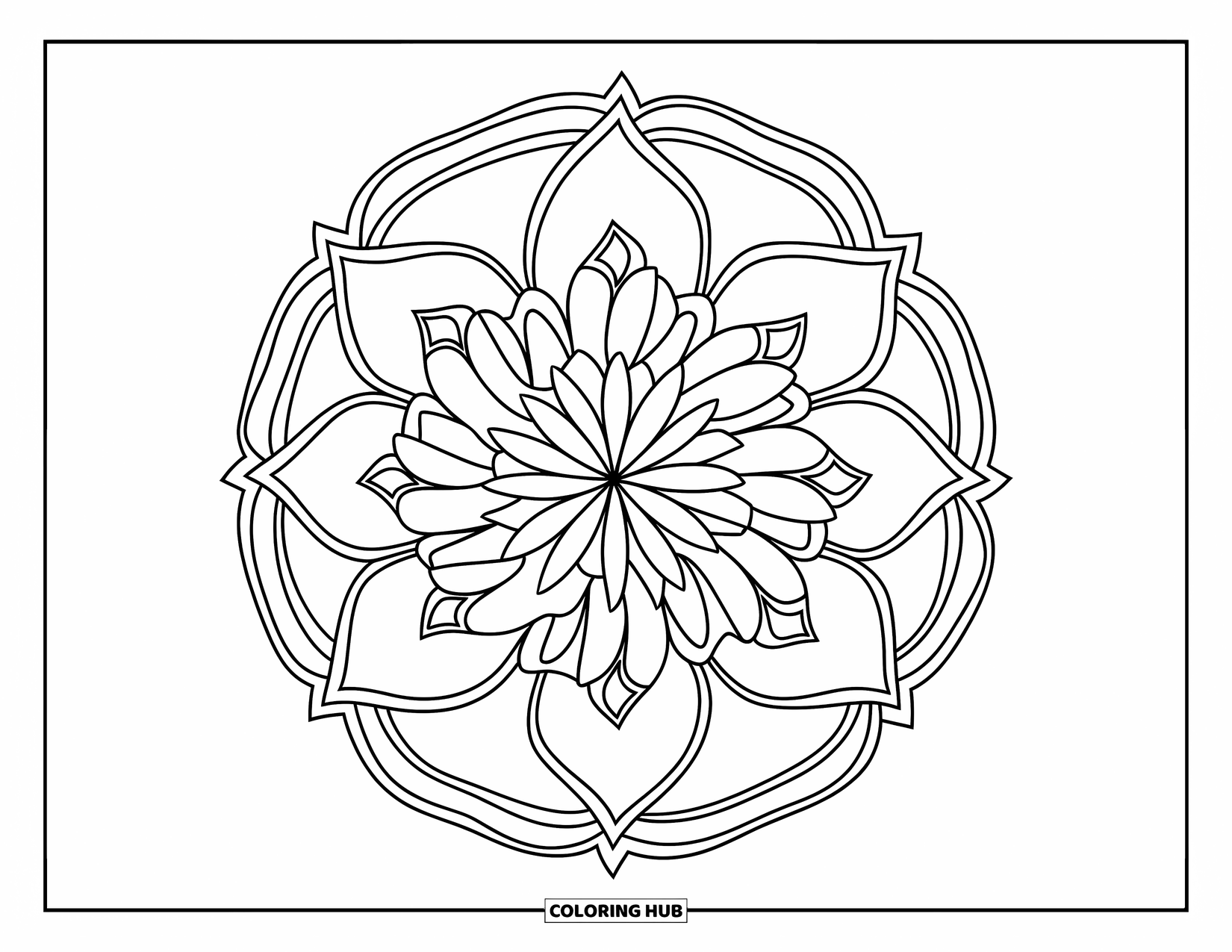 Desenho de Mandala de Flores para Colorir para Crianças: Uma mandala multicamadas com pétalas em forma de estrela, círculo e triângulo