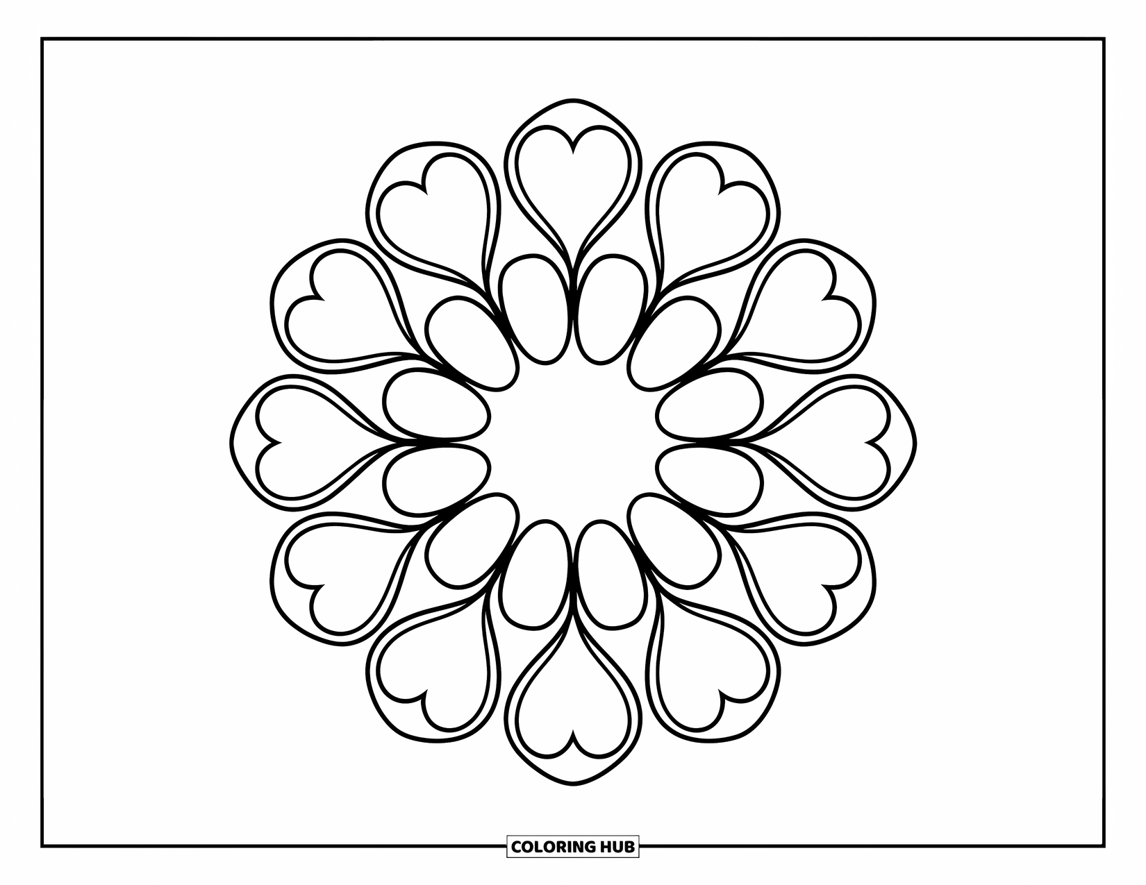 Desenho de Mandala de Flores para Colorir para Crianças: Um anel de pétalas em forma de coração forma uma mandala doce e fácil