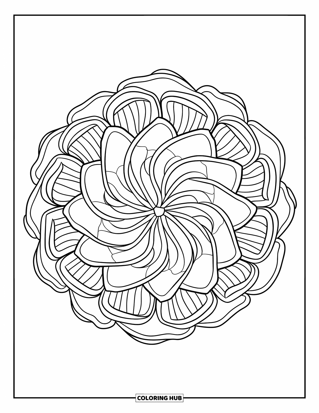 Desenho de Mandala de Flores para Colorir para Crianças: Uma mandala de rosa com pétalas em camadas e dobras sobrepostas em contornos marcantes
