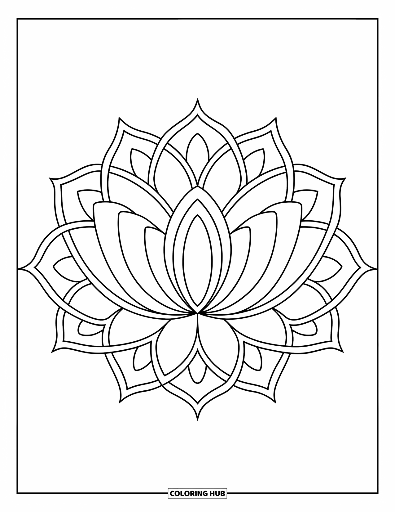 Desenho de Mandala de Flores para Colorir para Crianças: Uma mandala de lótus simples com seções marcantes, perfeita para mãos pequenas