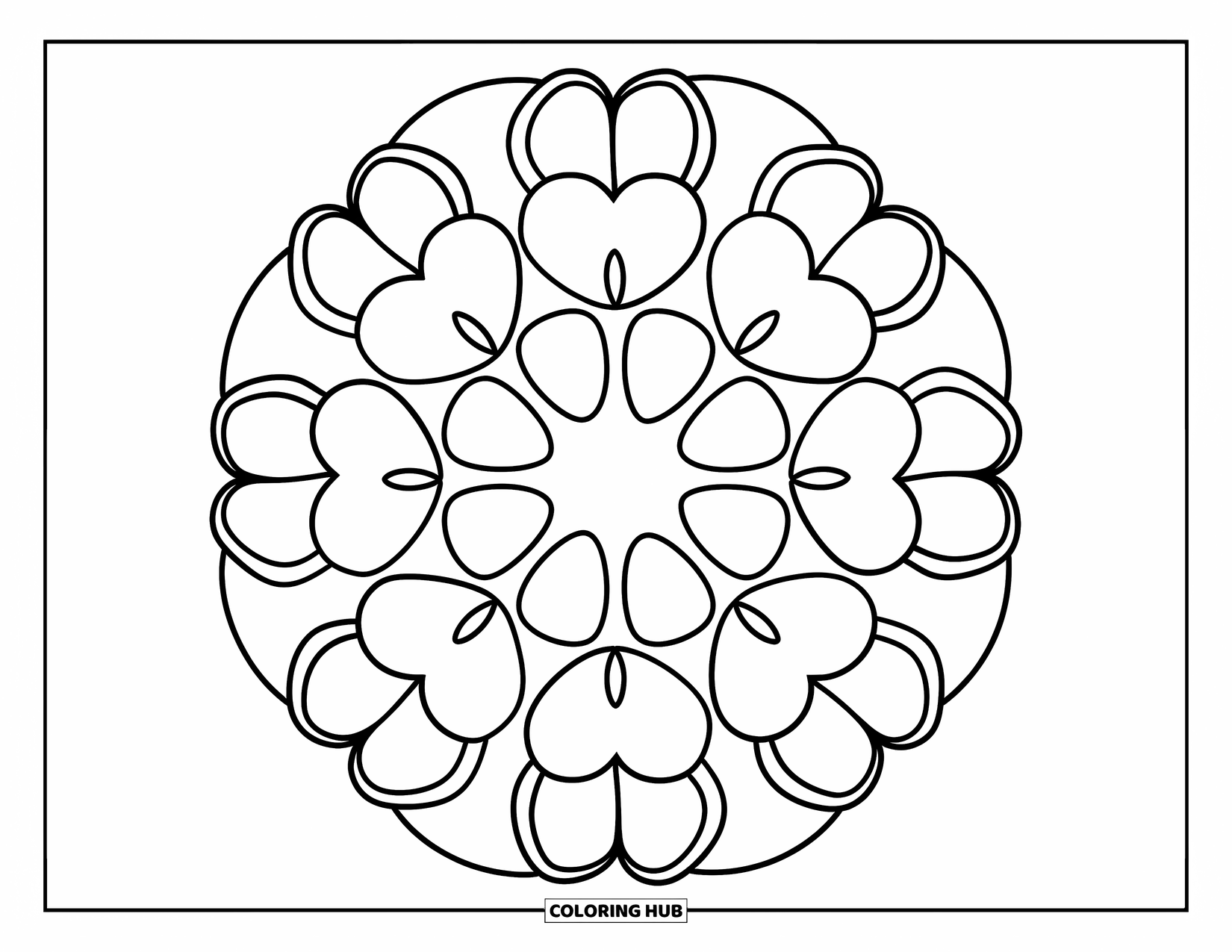 Desenho de Mandala de Flores para Colorir para Crianças: Uma mandala simples feita de grandes pétalas de coração com um design alegre