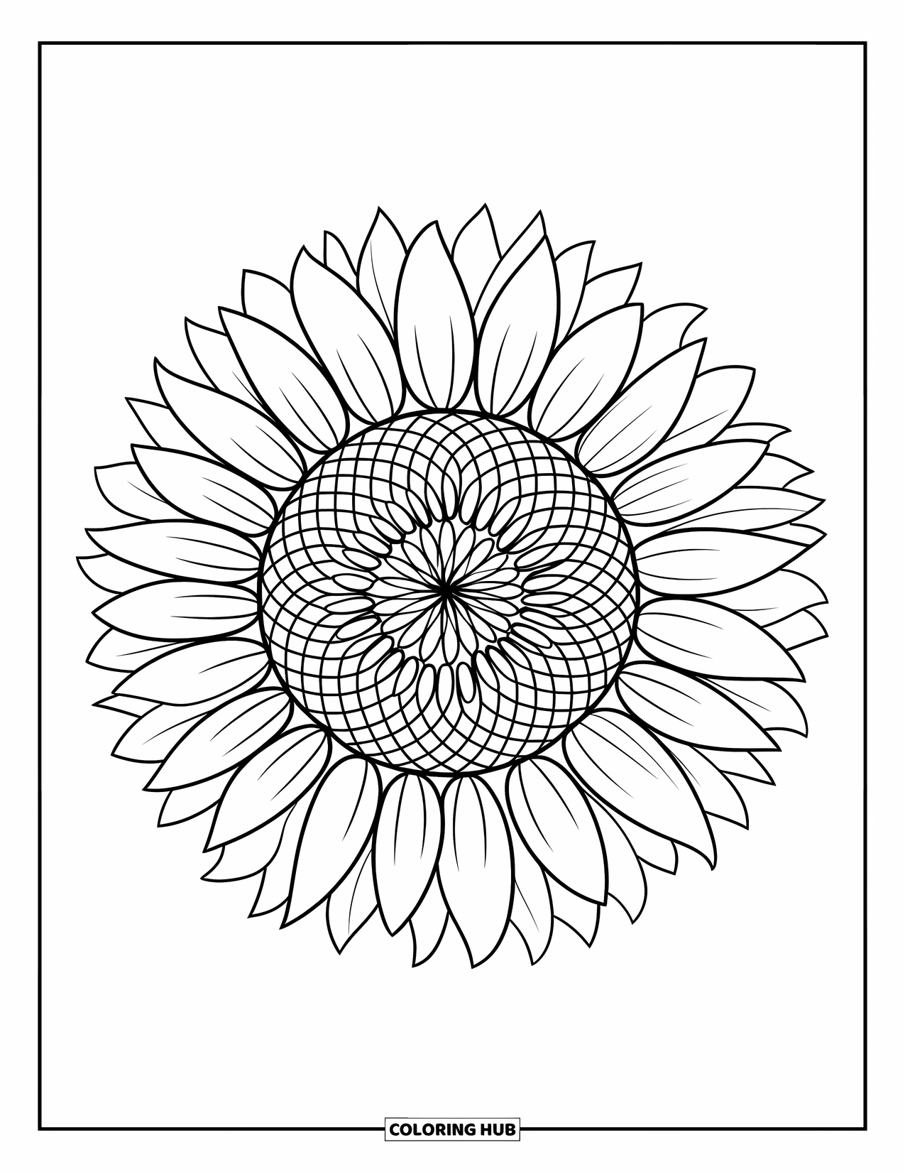 Desenho de Mandala de Flores para Colorir para Crianças: Uma mandala de girassol em espiral com favo de mel hexagonal no centro