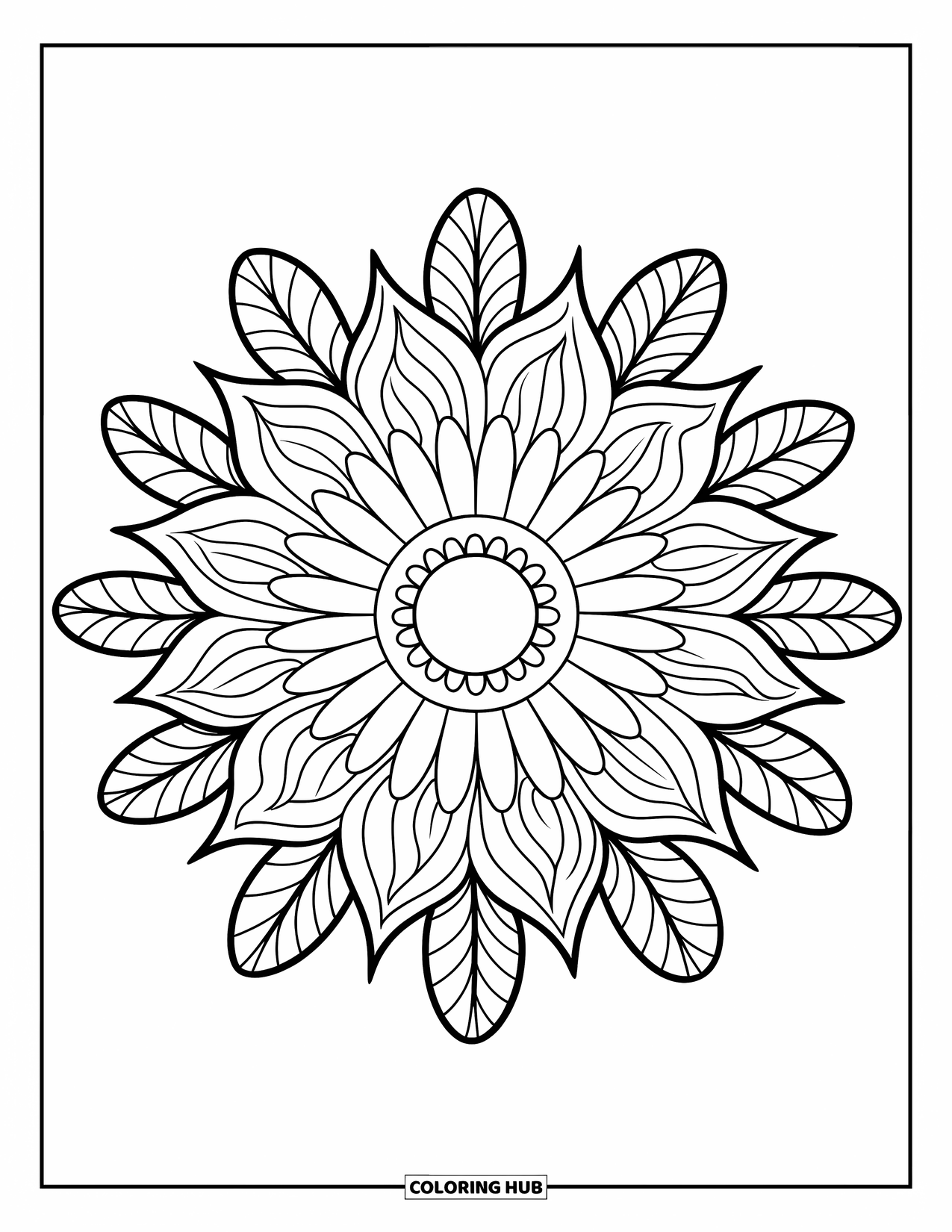 Desenho de Mandala de Flores para Colorir para Crianças: Uma mandala de girassol com formas marcantes e um layout fácil e divertido