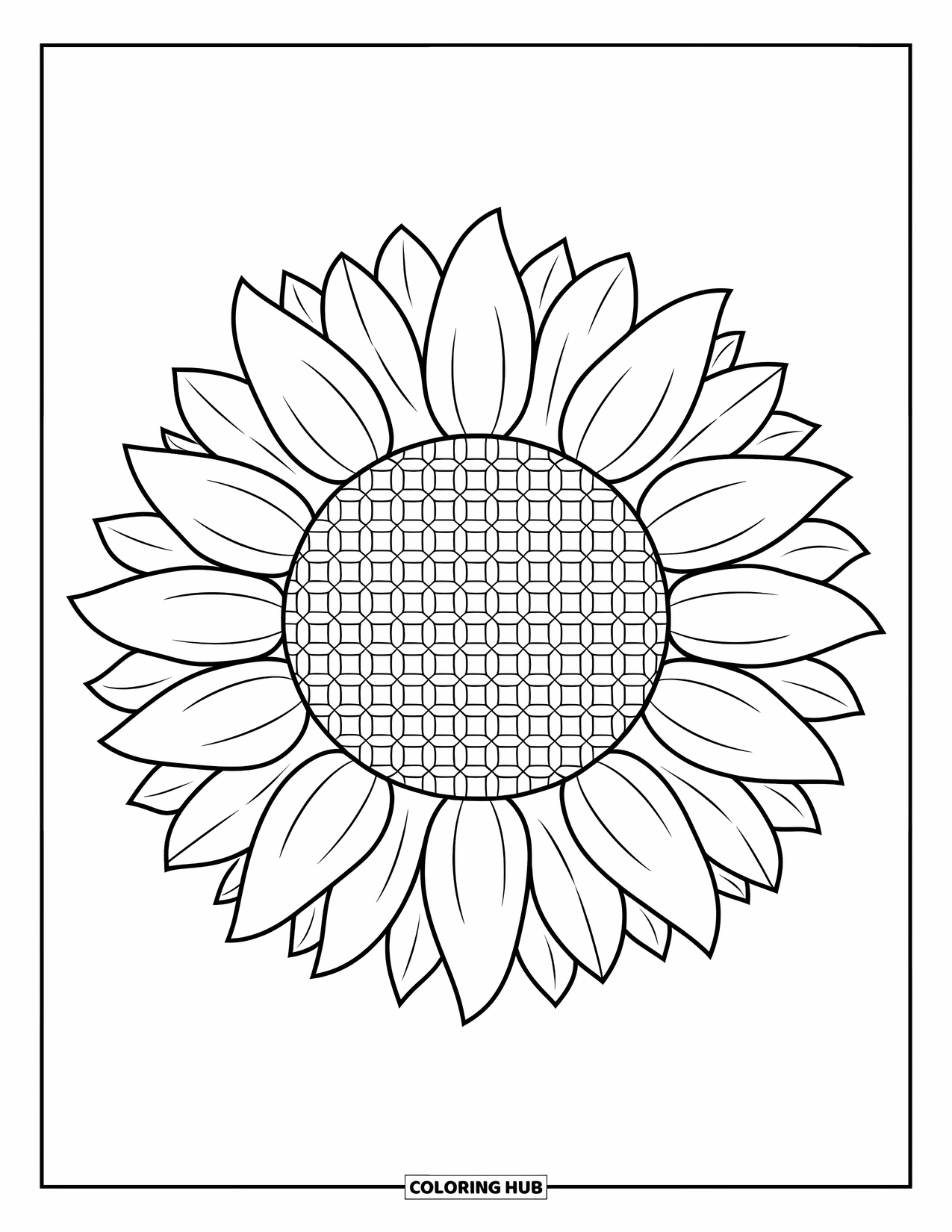 Desenho de Mandala de Flores para Colorir para Crianças: Um girassol com pétalas longas envolve um centro de favo de mel em contornos marcantes