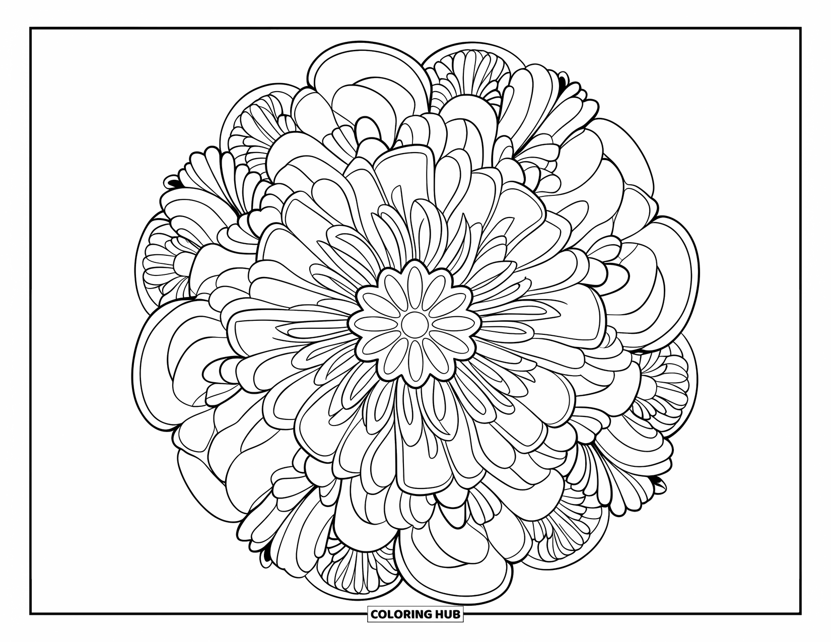 Desenho de Mandala de Flores para Colorir para Crianças: Uma mandala floral explosiva com rosas, margaridas e lírios em camadas marcantes