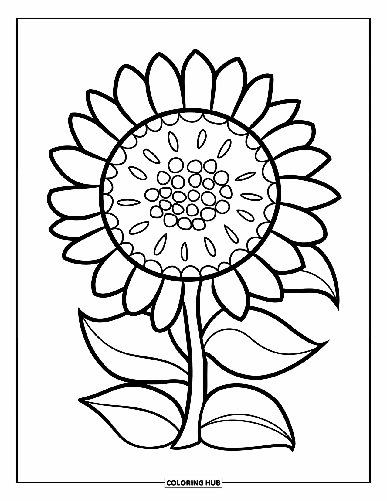 Desenho de Mandala de Flores para Colorir para Crianças: Grandes pétalas e folhas grossas criam uma mandala de girassol ensolarada