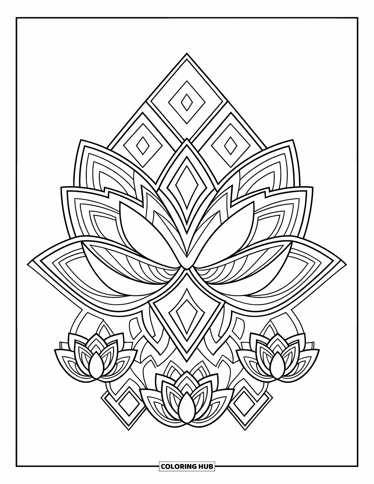 Desenho de Mandala de Flores para Colorir para Crianças: Pétalas de lótus e diamantes se combinam em uma mandala com formas em camadas e fluidas