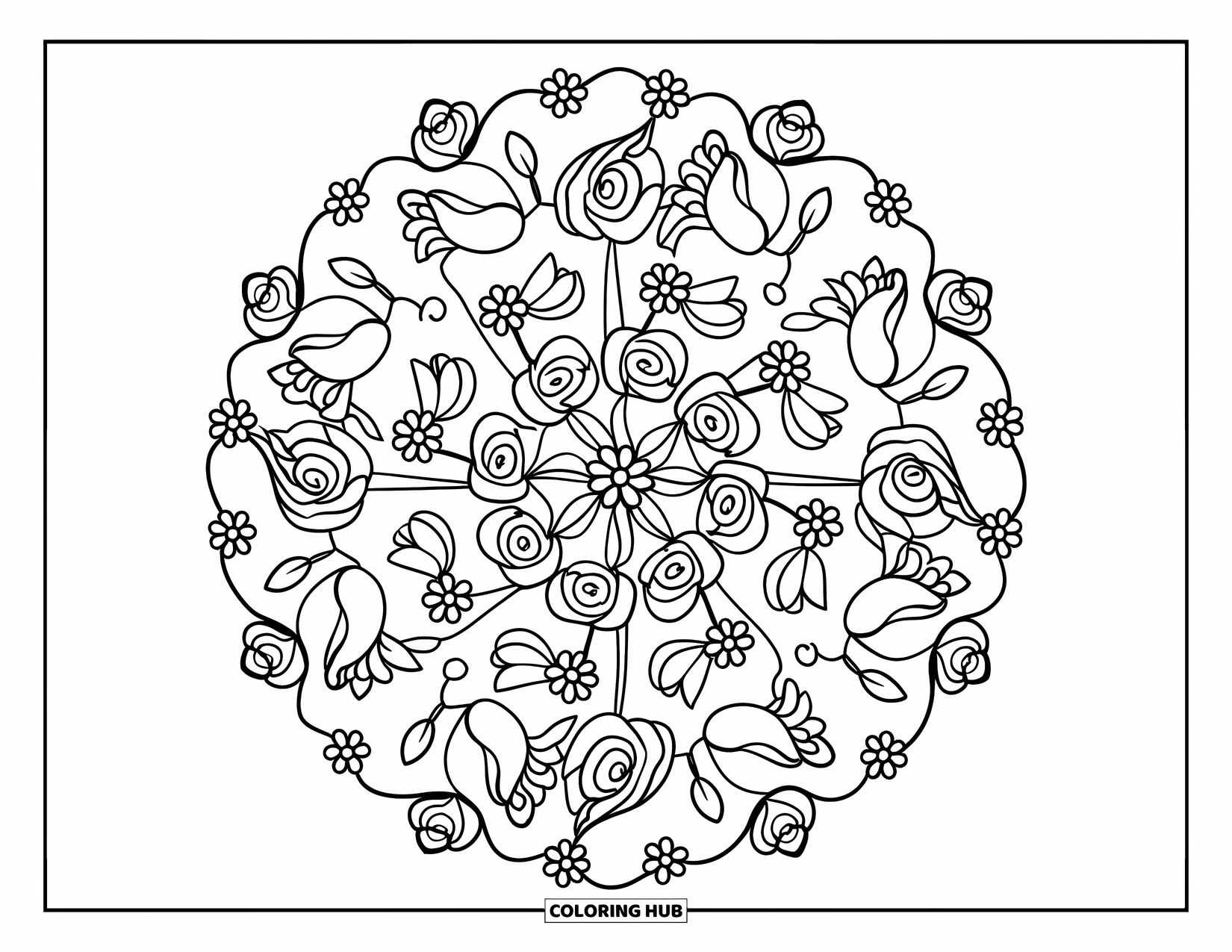 Desenho de Mandala de Flores para Colorir para Crianças: Anéis de flores como tulipas e rosas criam uma mandala alegre