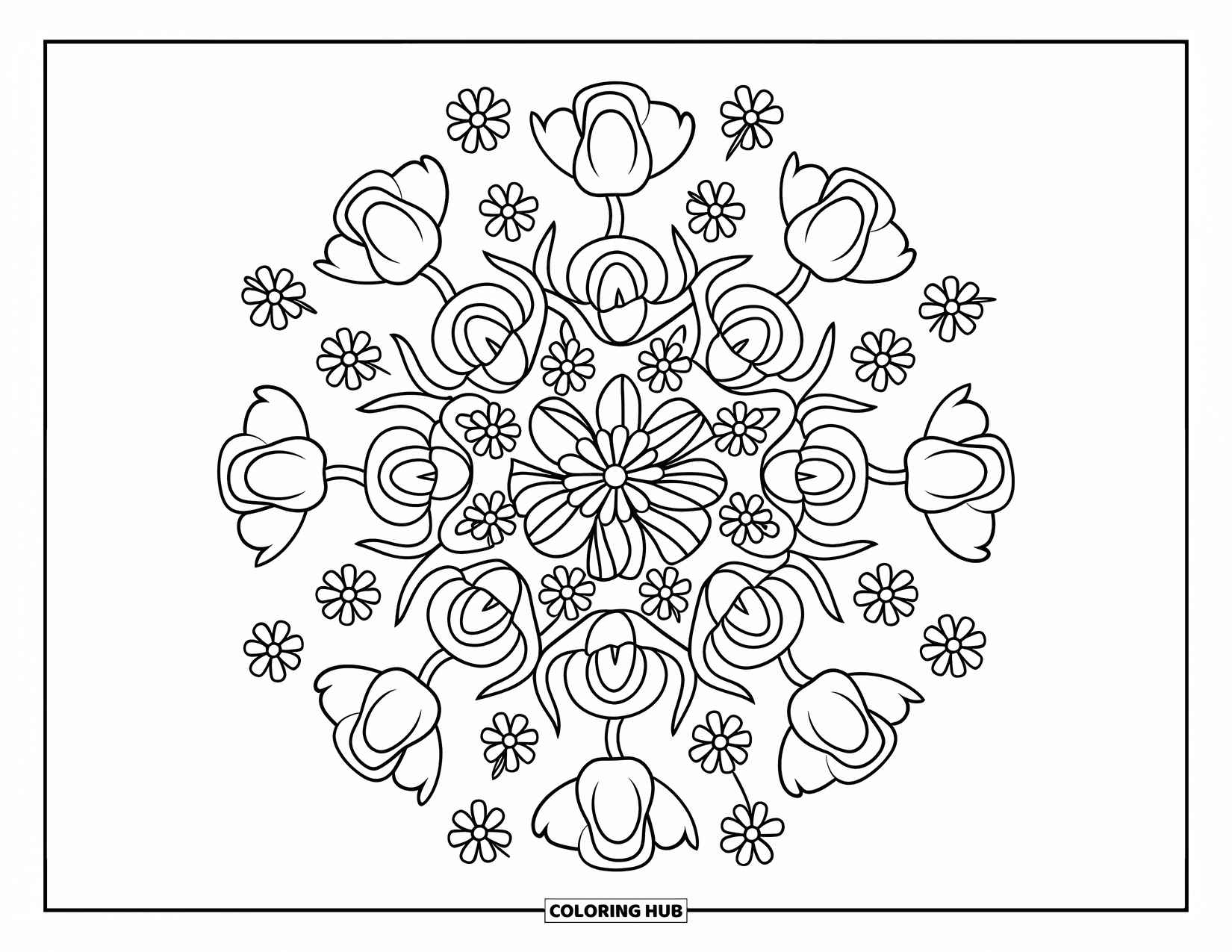Desenho de Mandala de Flores para Colorir para Crianças: Rosas e tulipas formam uma mandala circular perfeita para diversão no ensino fundamental