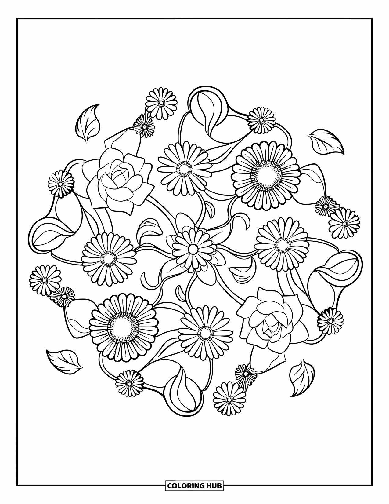 Desenho de Mandala de Flores para Colorir para Crianças: Rosas, margaridas e girassóis formam uma mandala detalhada com folhas fluidas