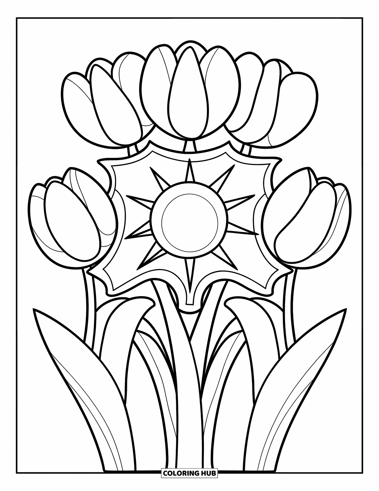 Desenho de Mandala de Flores para Colorir para Crianças: Pétalas redondas e um sol alegre dão vida a esta mandala de tulipa
