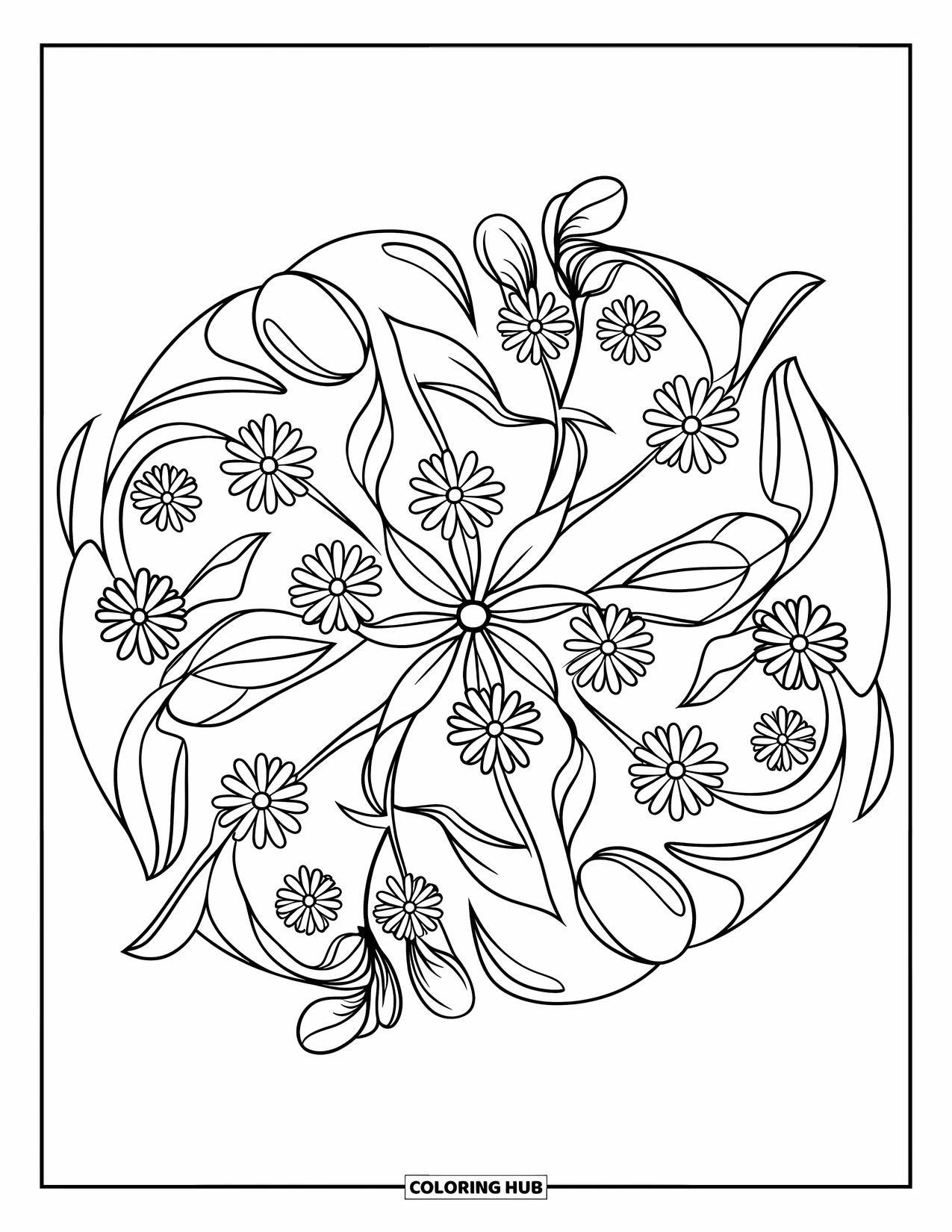 Desenho de Mandala de Flores para Colorir para Crianças: Flores silvestres e folhas se entrelaçam em uma mandala circular e fácil de colorir