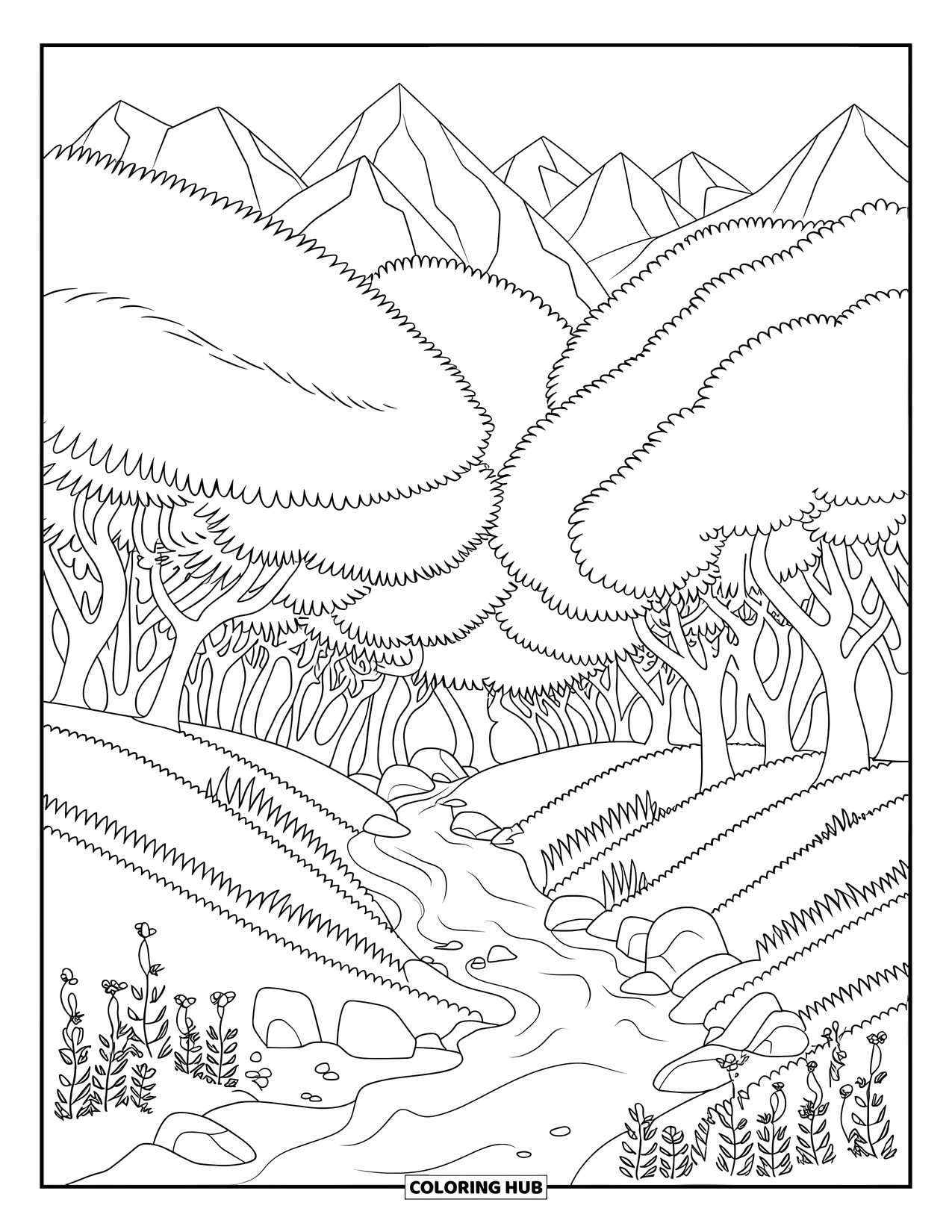 Dibujo de bosque para colorear para adultos: Un río tranquilo corre a través de un bosque de colinas, flores silvestres y árboles altos