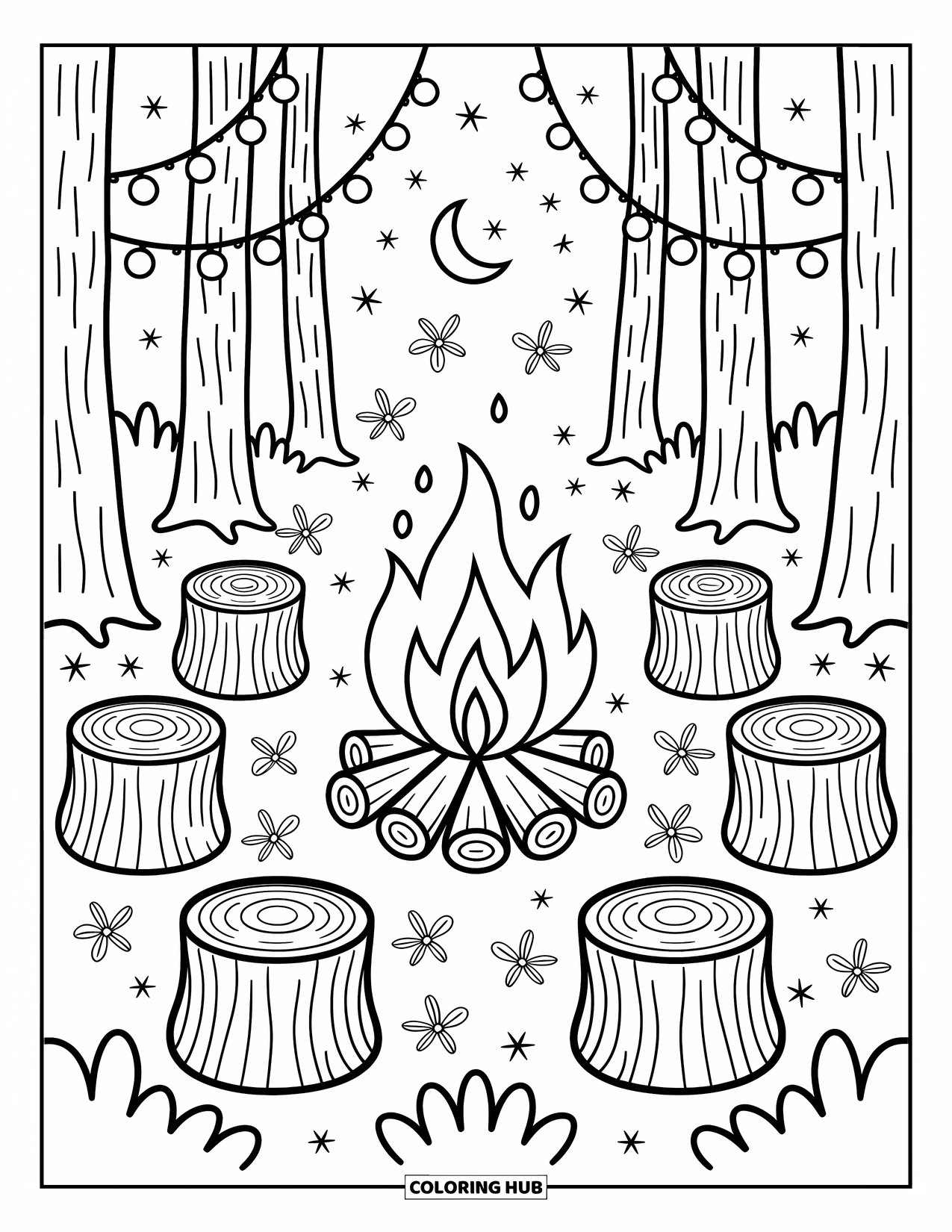 Dibujo de un bosque para colorear para adultos: Una fogata acogedora brilla mientras las luciérnagas bailan y tazas de cacao se sientan en tocones