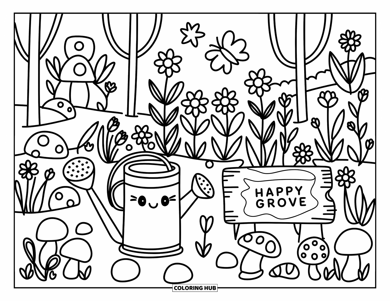 Dibujo de bosque para colorear para adultos: Una acogedora escena de jardín con flores, mariposas y herramientas cerca de un dulce letrero de ìArboleda Felizî