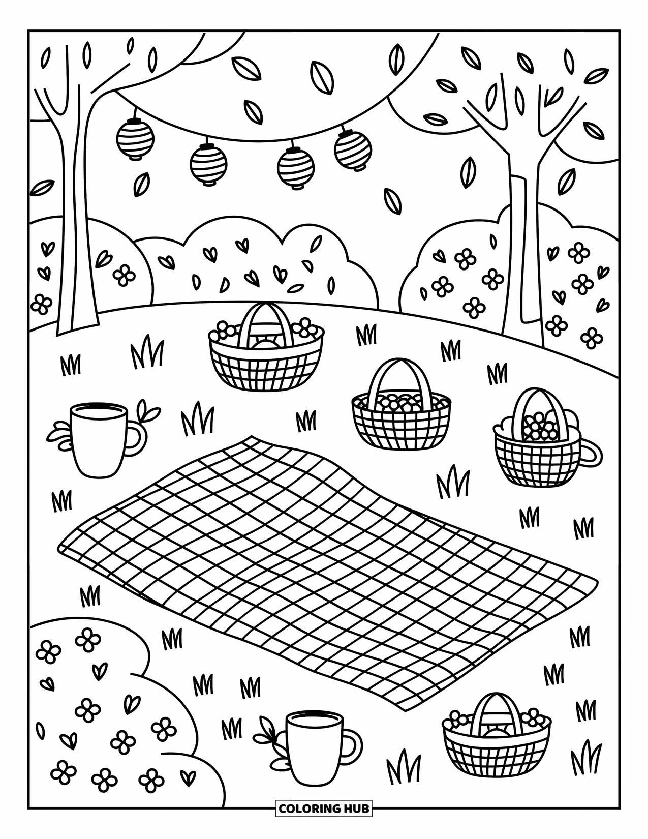 Dibujo de un bosque para colorear para adultos: Un picnic acogedor con golosinas, arbustos de flores y árboles iluminados con faroles que se balancean en la brisa