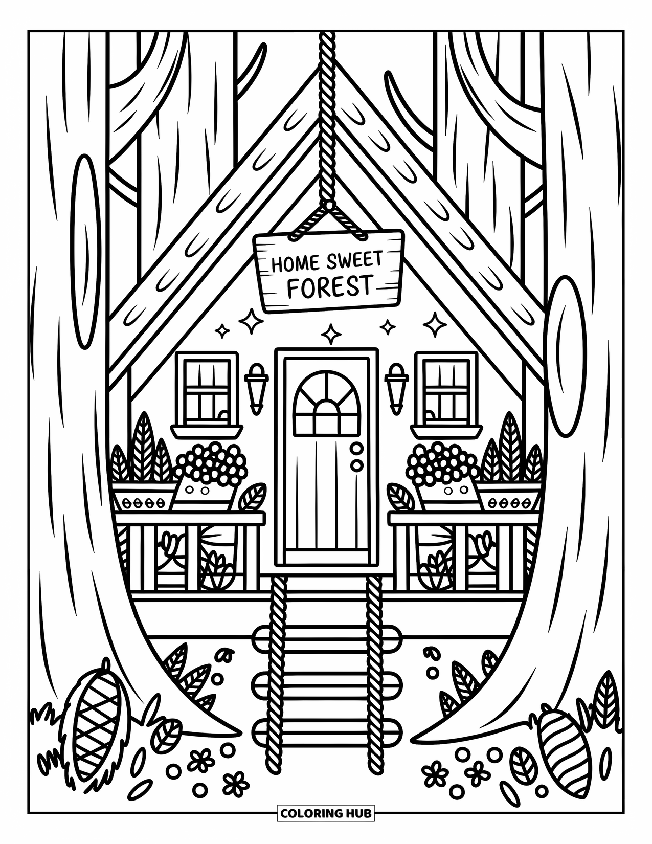 Dibujo de un bosque para colorear para adultos: Una casa del árbol acogedora con una escalera de cuerda, tesoros del bosque y un letrero de ìHogar Dulce Bosqueî